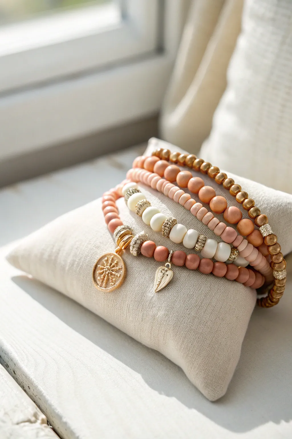 Heishi clay bead stack with a tiny charm cluster focal point, styled in bright minimalist light