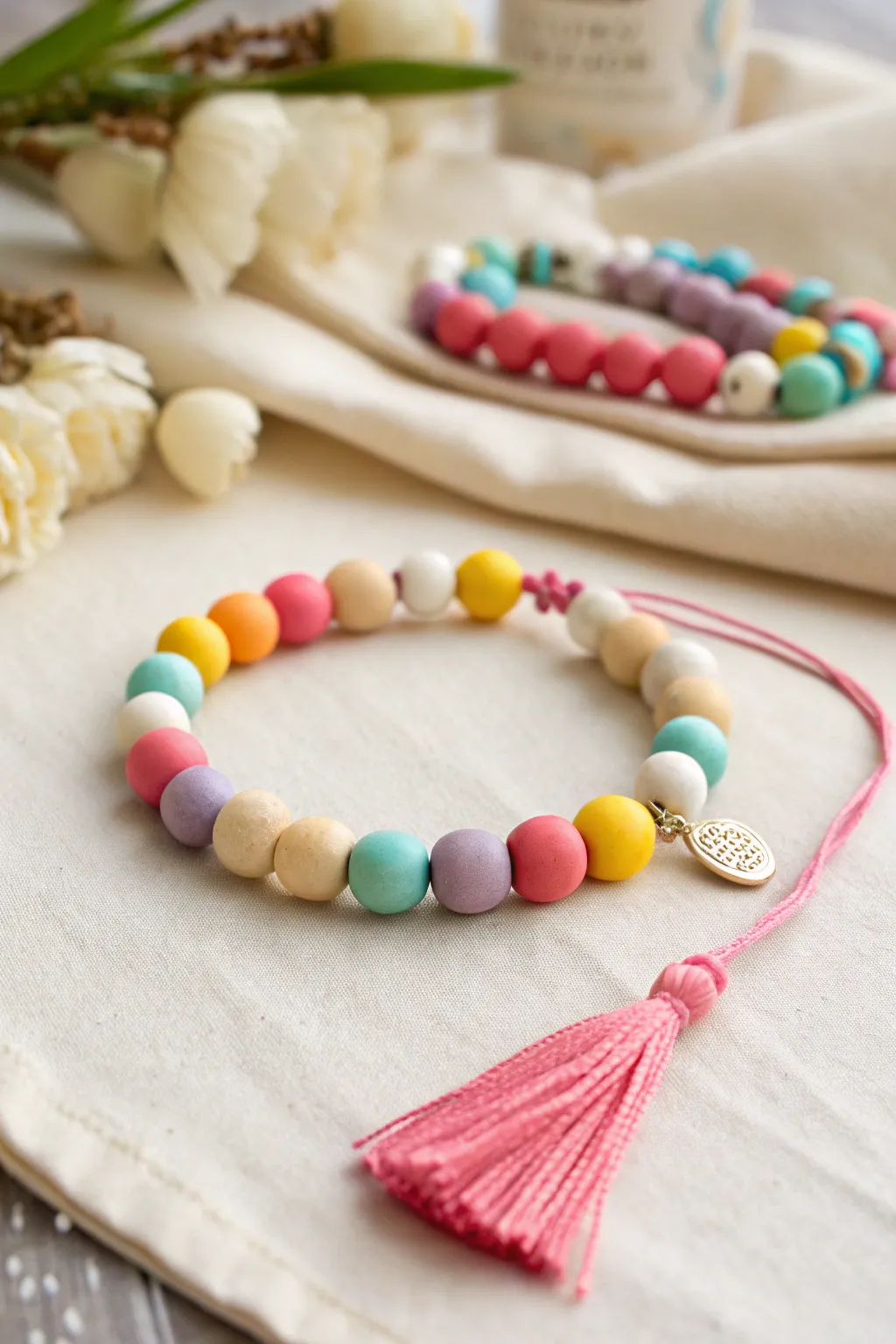 Piñata-inspired clay bead birthday bracelet with tiny tassel charm and bold color blocks.