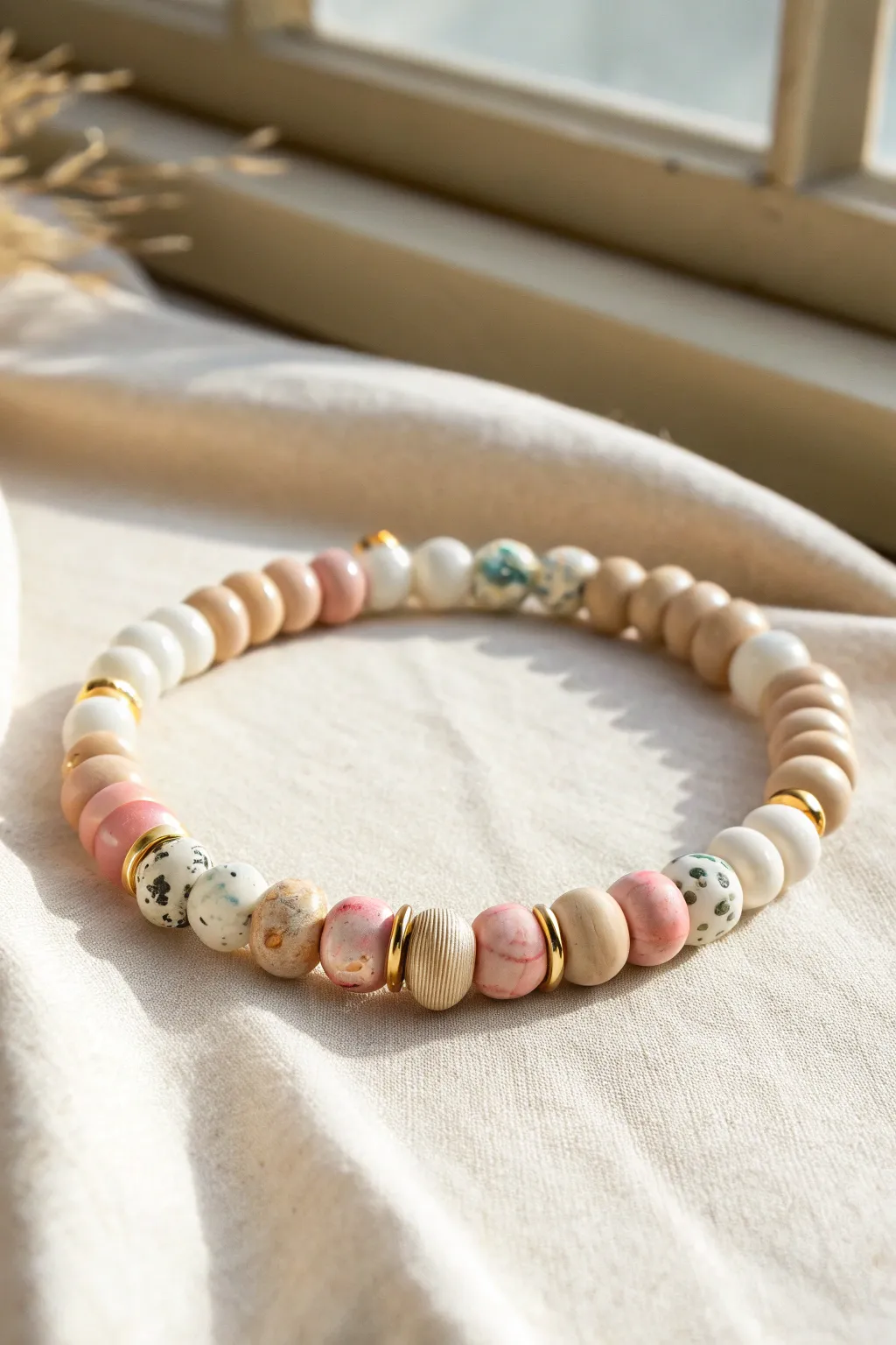 Marbled and speckled heishi bracelet in a minimalist pattern with soft boho contrast.