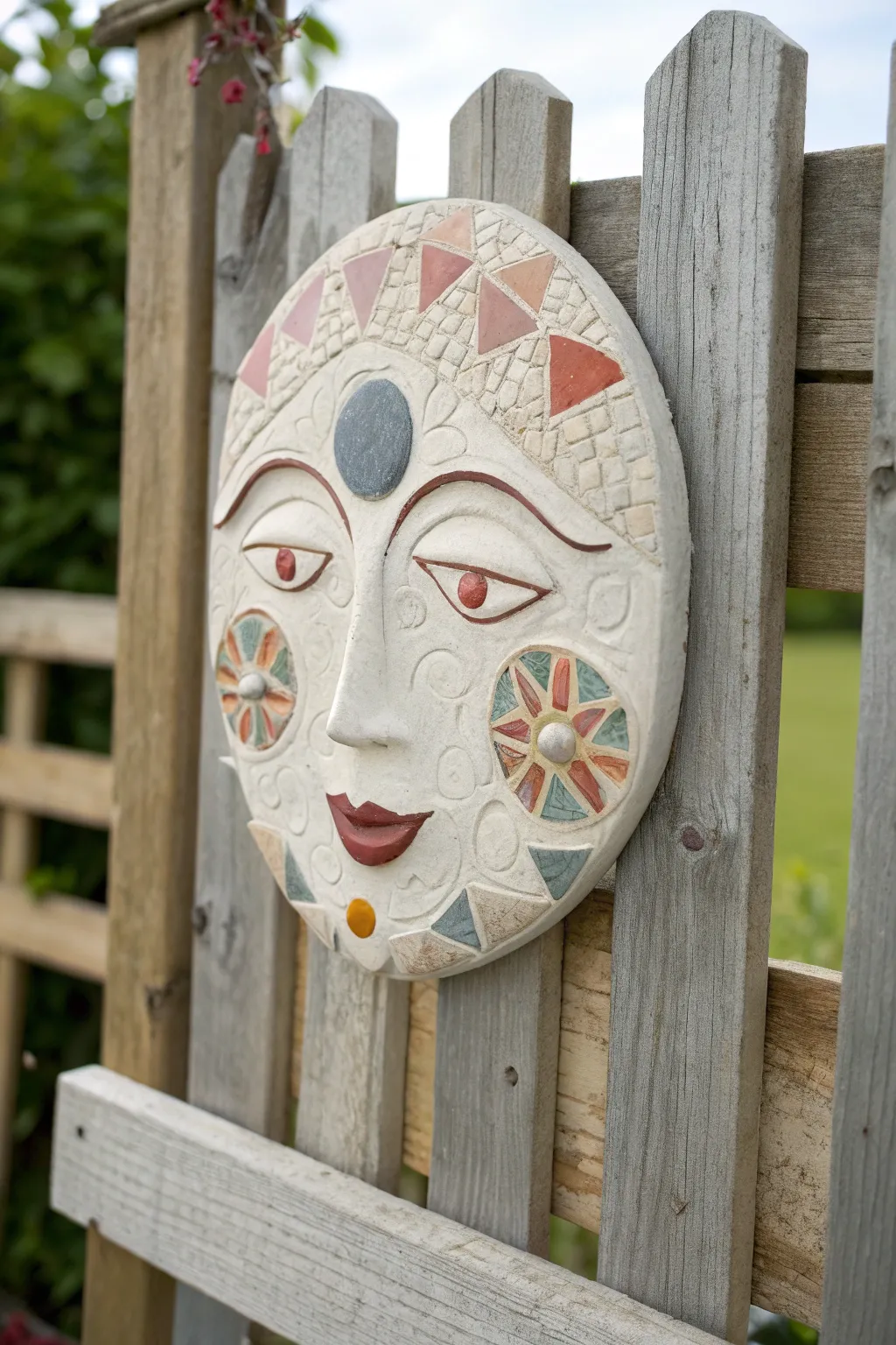 Garden-ready mosaic face plaque with teacup handles and broken china, minimal yet playful