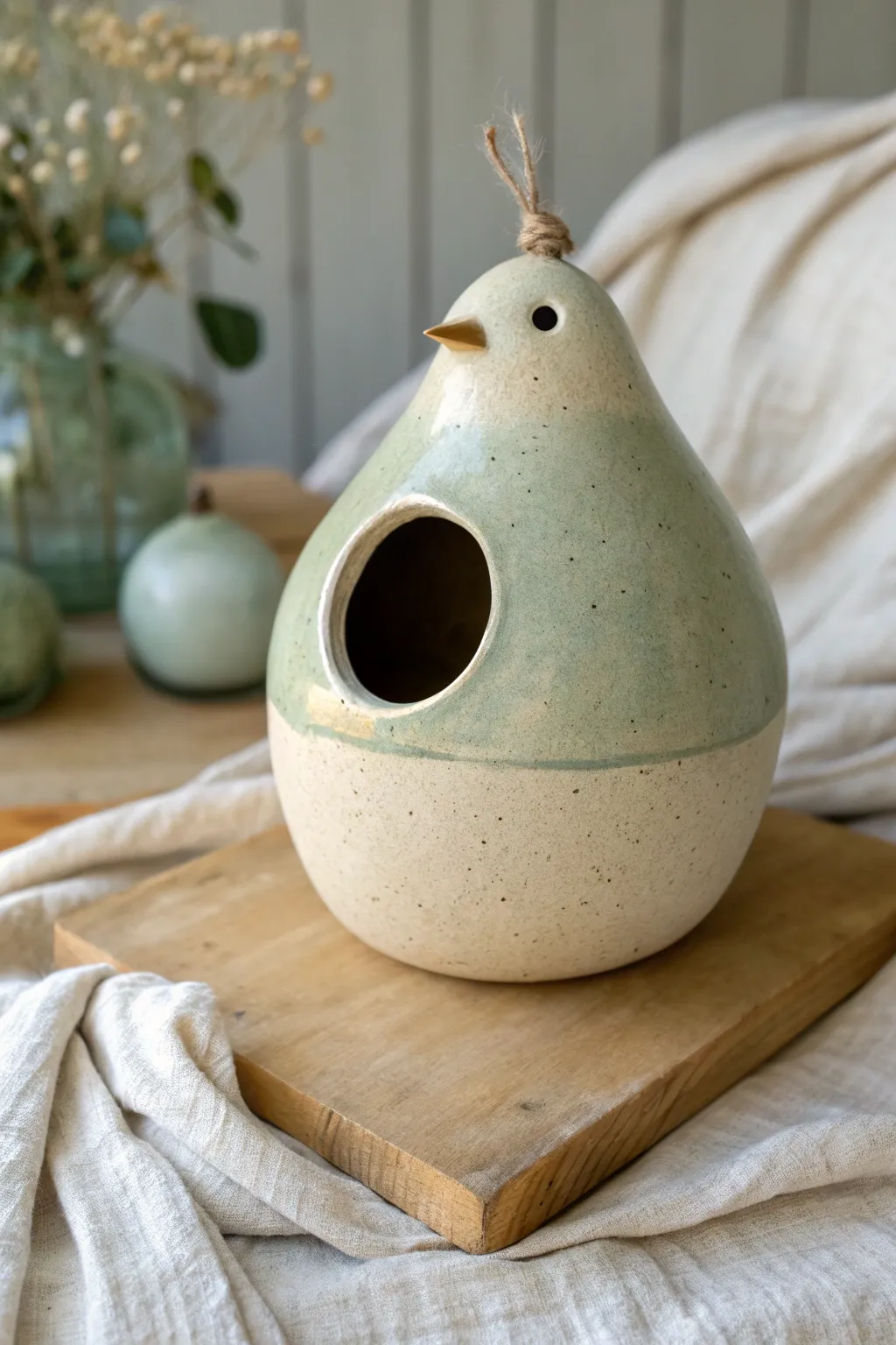 Chunky bird-shaped ceramic birdhouse with a soft blended glaze and clean minimalist charm.