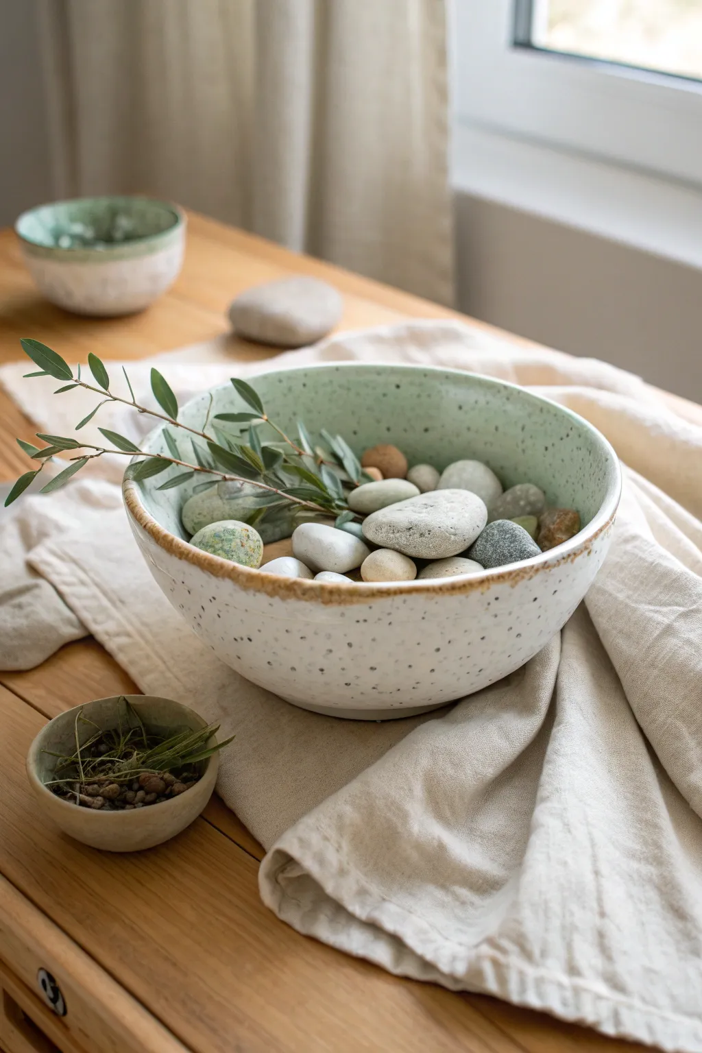 A glazed bowl styled with stones and dried greenery for a calm, cohesive decorative fill