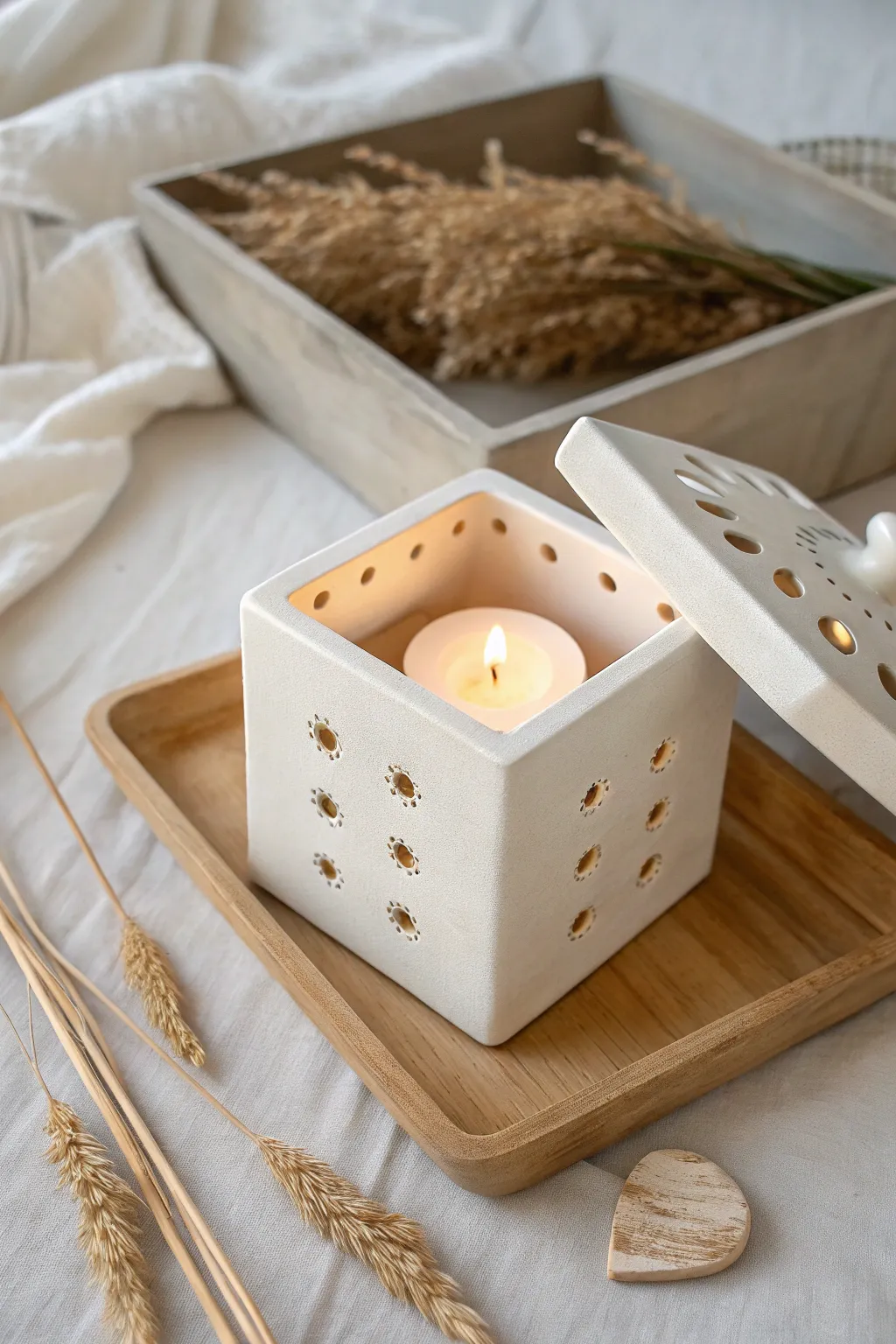 Minimal pierced ceramic luminary box with a warm glow and airy lid for cozy evenings.
