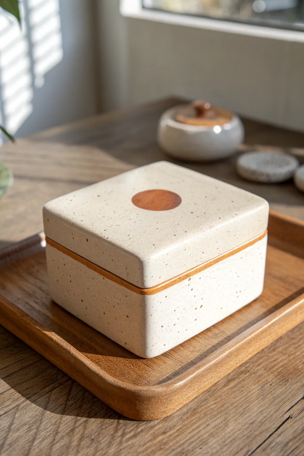 Matchbox-style ceramic box with a slide-out tray and one bold motif for a clean surprise.