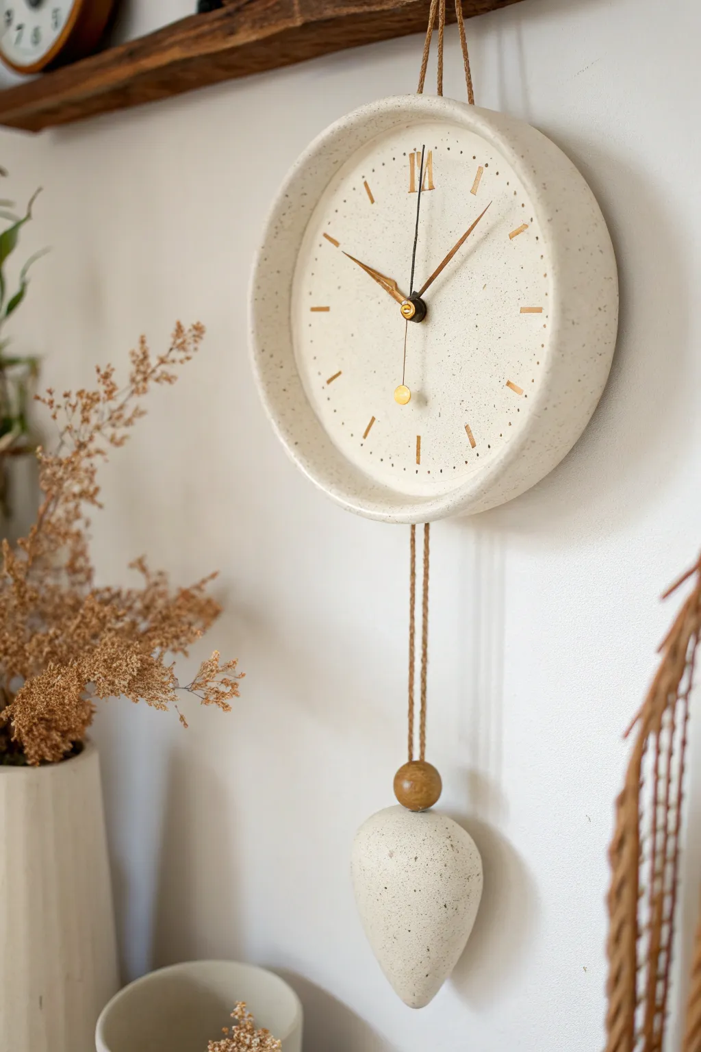 Minimal pendulum ceramic clock with matching weight, Scandinavian calm with boho warmth.