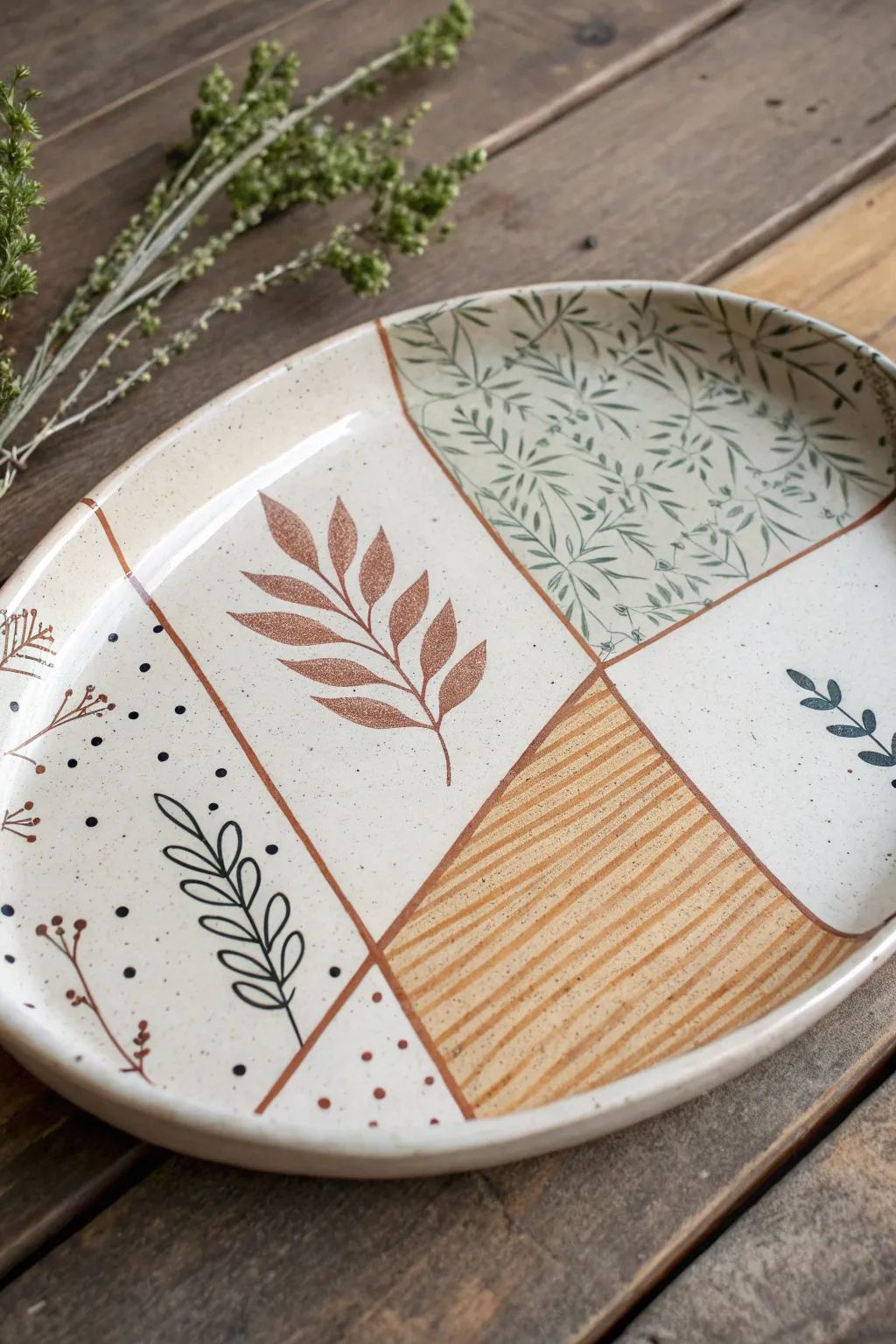 Patchwork platter design: mix dots, stripes, and botanicals in one cohesive color palette
