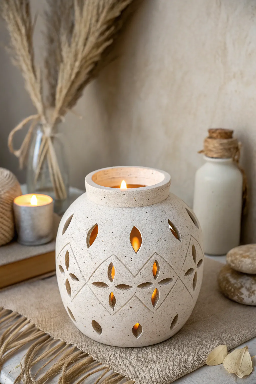 Simple cutout ceramic lantern with a warm inner glow, perfect minimalist boho night ambiance.