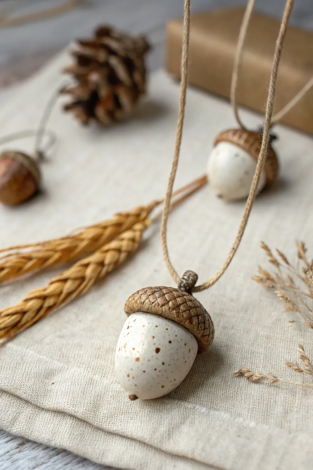 Tiny ceramic acorn pendant on linen, minimalist woodland charm for handmade jewelry lovers.