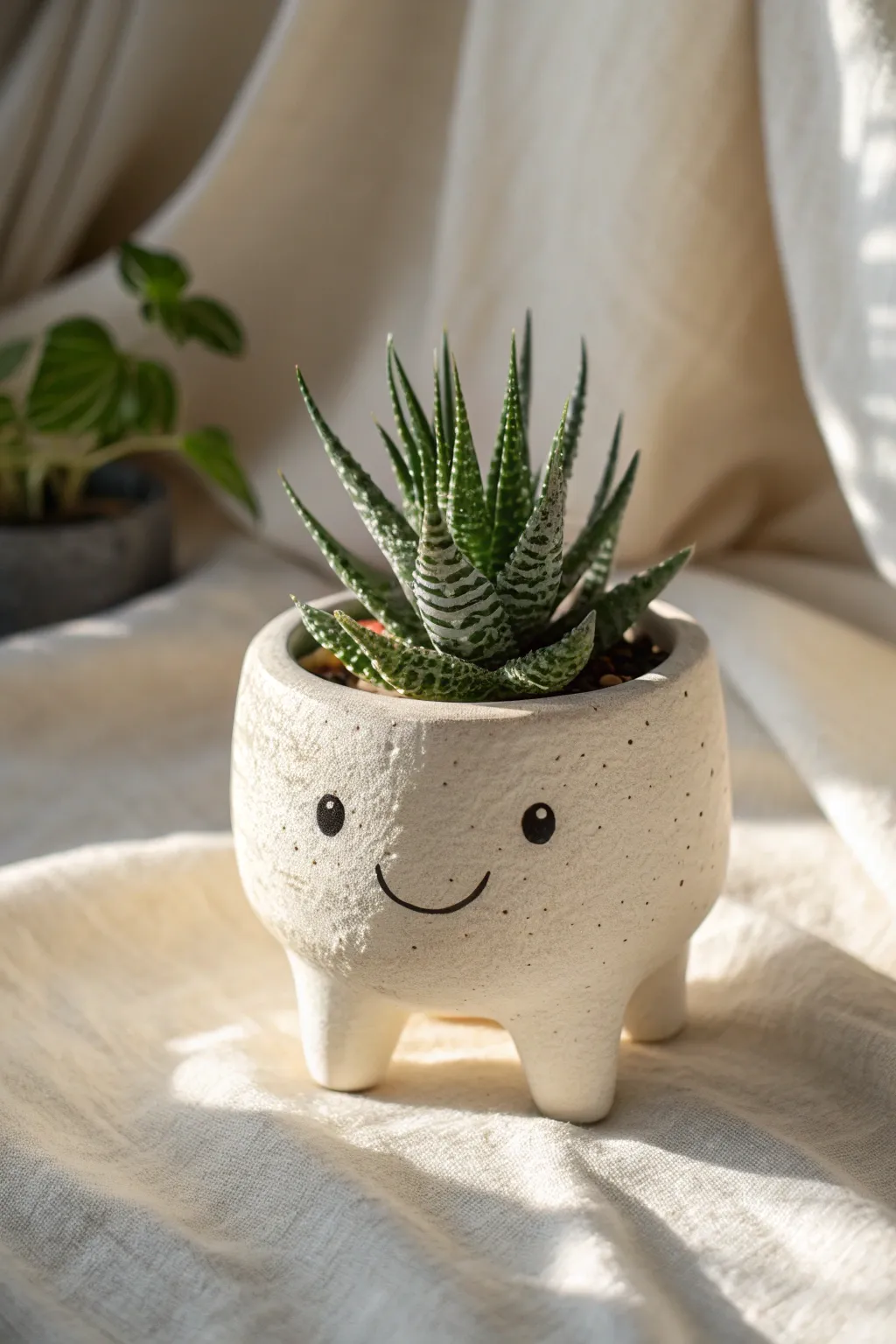 Whimsical critter pot with tiny legs and a spiky succulent for a playful minimalist shelf moment