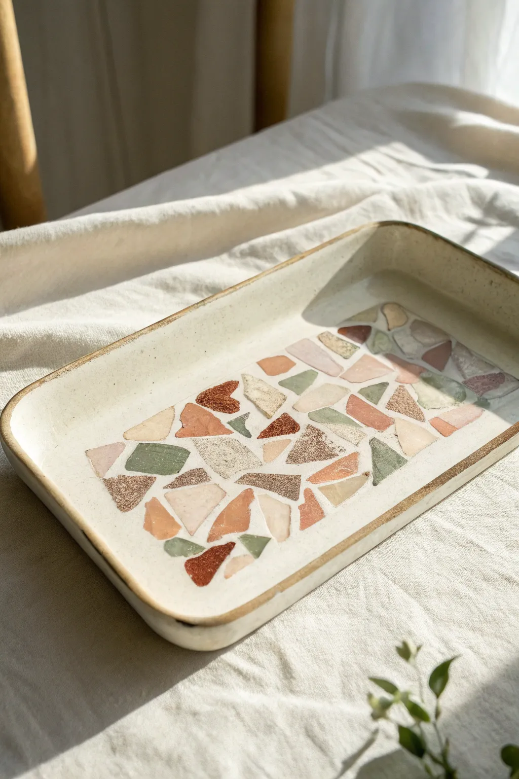Minimalist ceramic tray with pastel mosaic inset, clean rim, and calm Scandi-boho contrast.