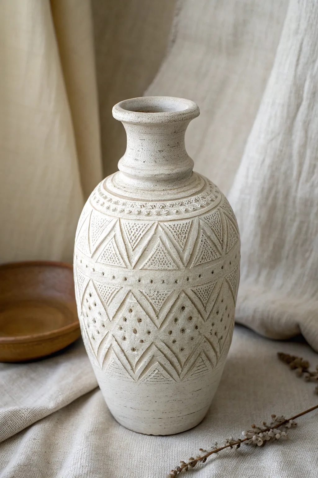 Stamped texture and a soft underglaze wash bring quiet depth to a minimalist ceramic vase.