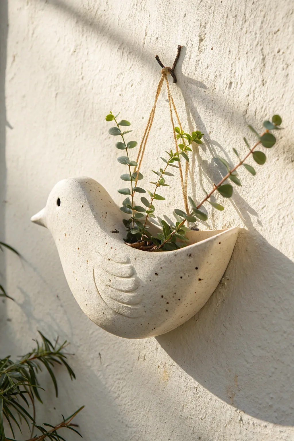 Sweet bird-shaped ceramic wall pocket with a sprig of greenery, calm minimalist boho charm