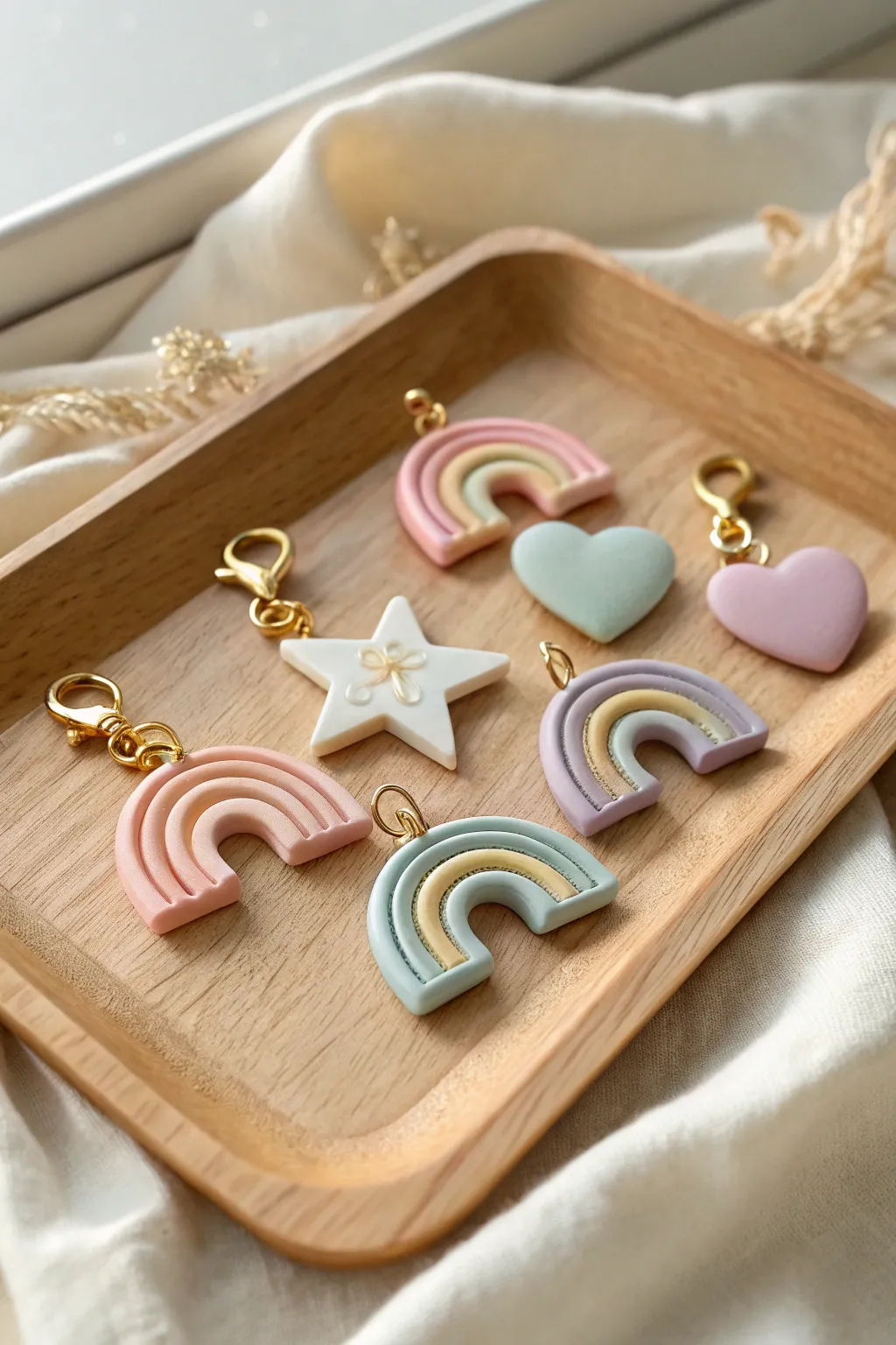 Pastel rainbow, star, and heart clay charms—an easy, cute lucky set with minimalist boho vibes.