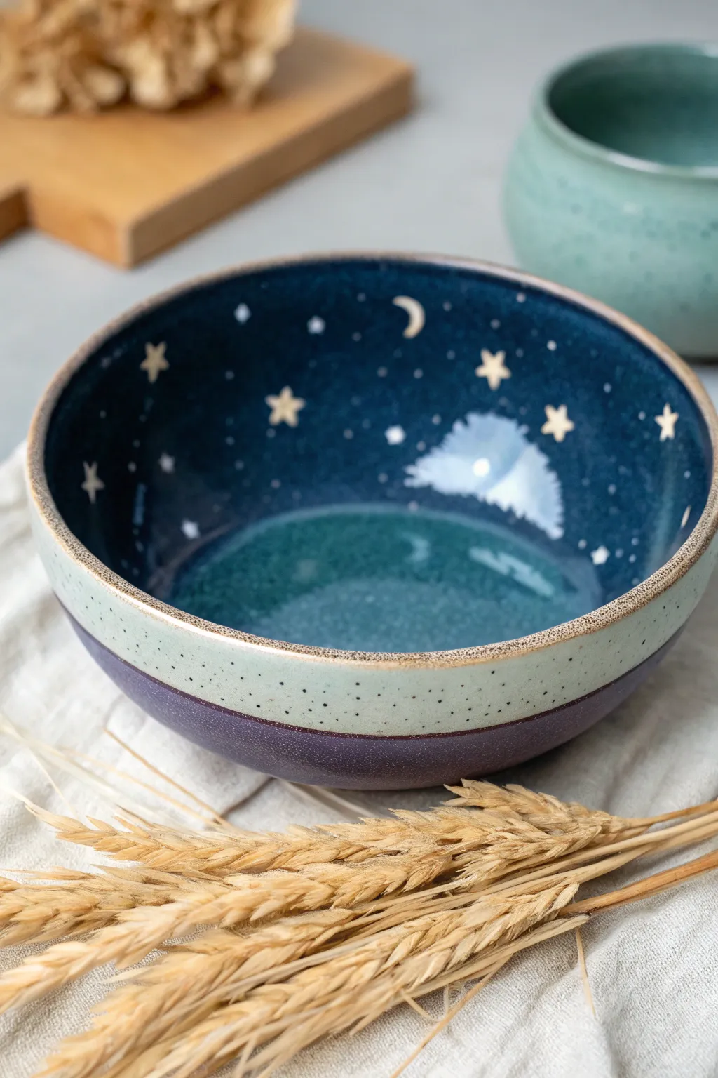 Night sky galaxy chip and dip bowl with a moon dip well, cozy minimalist pottery inspo