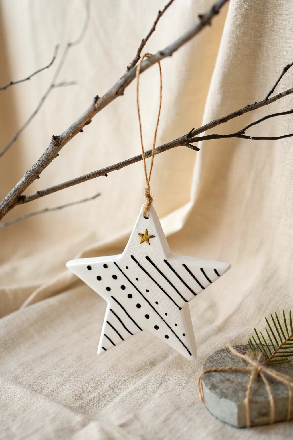 Minimalist matte-white clay ornament with black lines and a hint of gold on a bare branch.