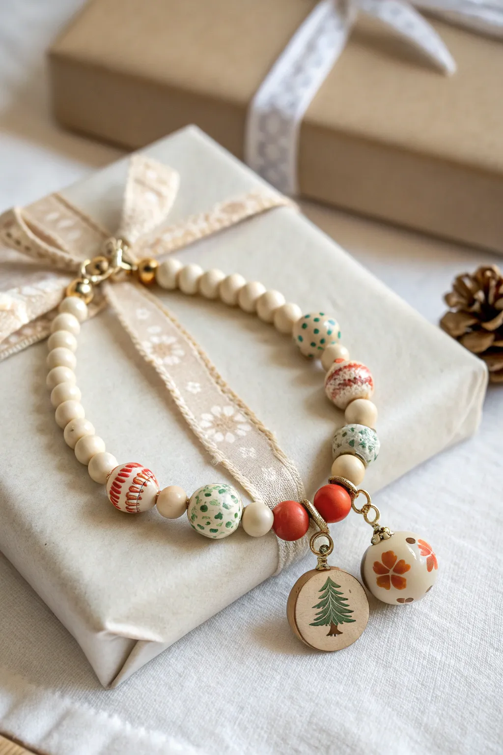 Tiny ornament clay charms meet minimalist heishi beads for an easy festive bracelet.