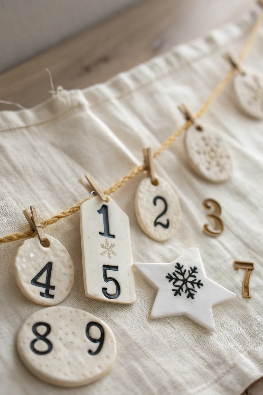 Create a sweet countdown garland with simple numbered clay charms and tiny holiday stamps.