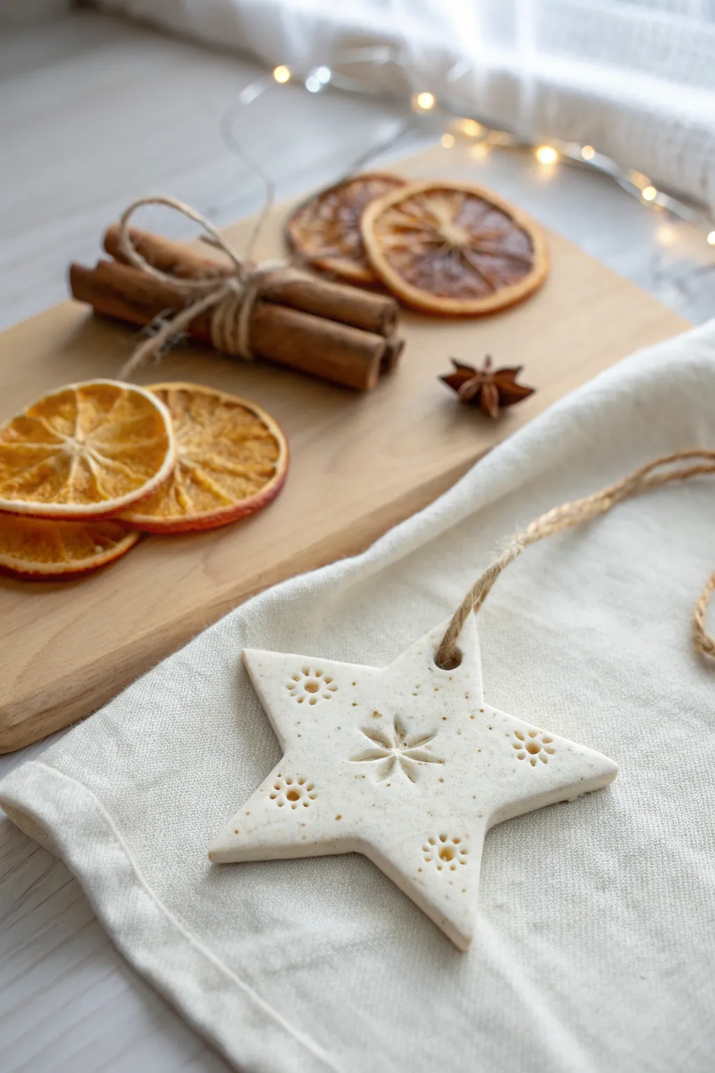 Minimal clay diffuser ornament with twine, styled with orange and cinnamon for cozy scent