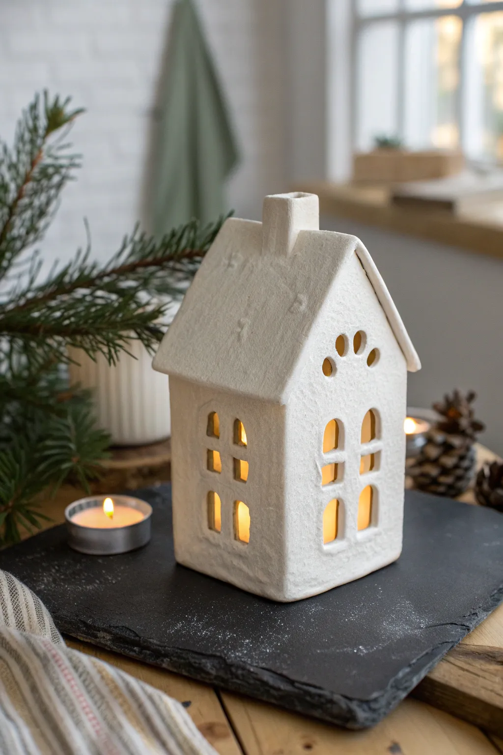 A simple clay Christmas house luminary, softly glowing on a dark table for cozy holiday vibes