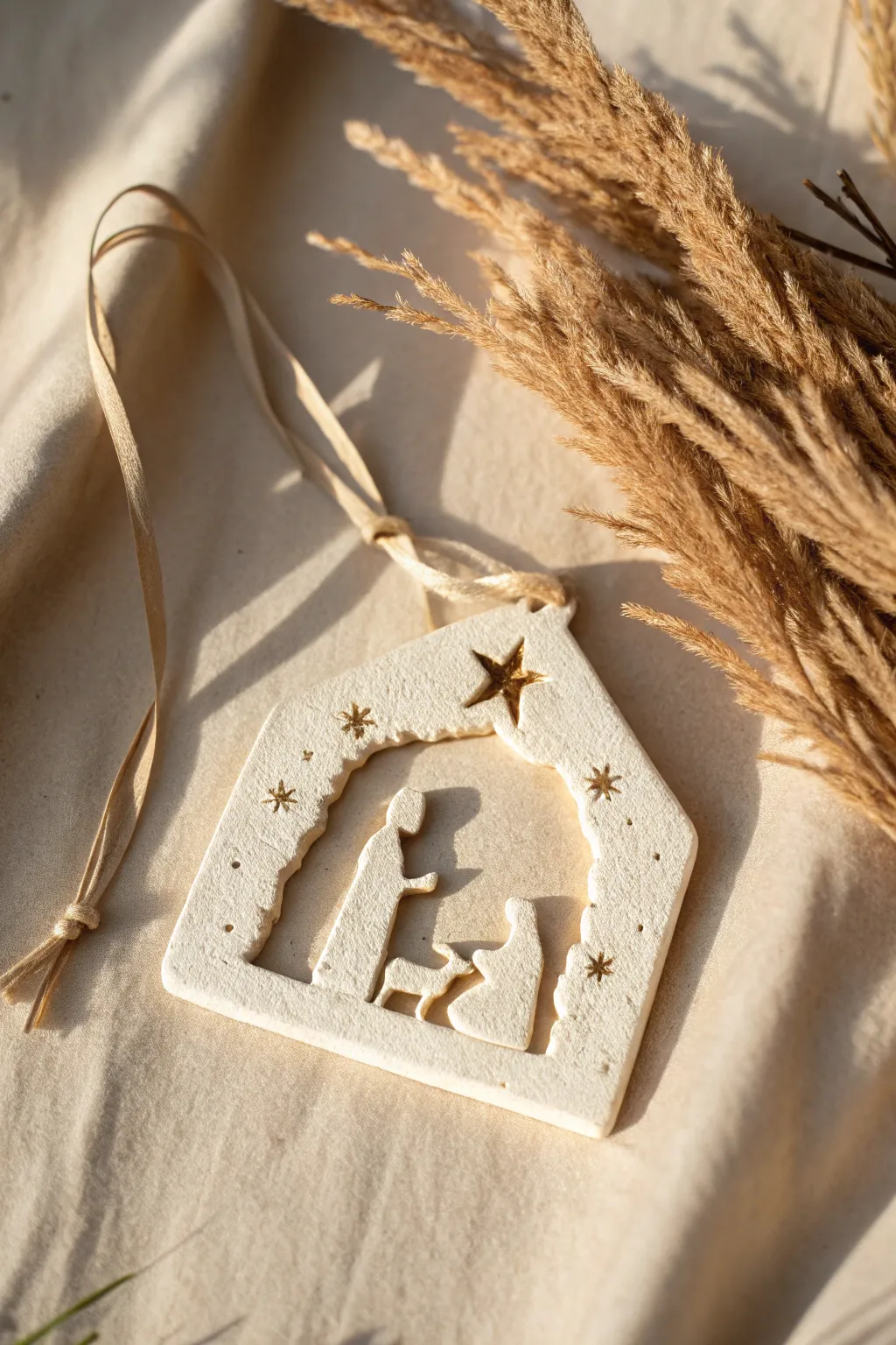 Minimal matte clay nativity ornament in warm neutrals, perfect for cozy Scandinavian Christmas decor
