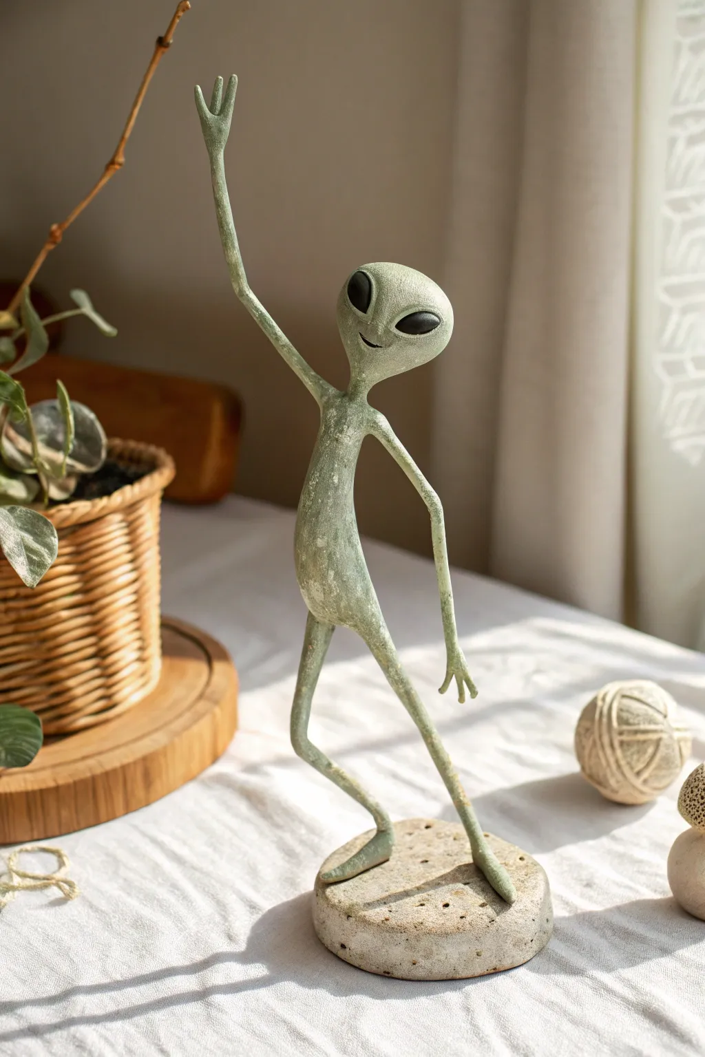 Lanky wire-limbed clay alien in a dramatic extra-long pose, minimal and hobby-friendly.