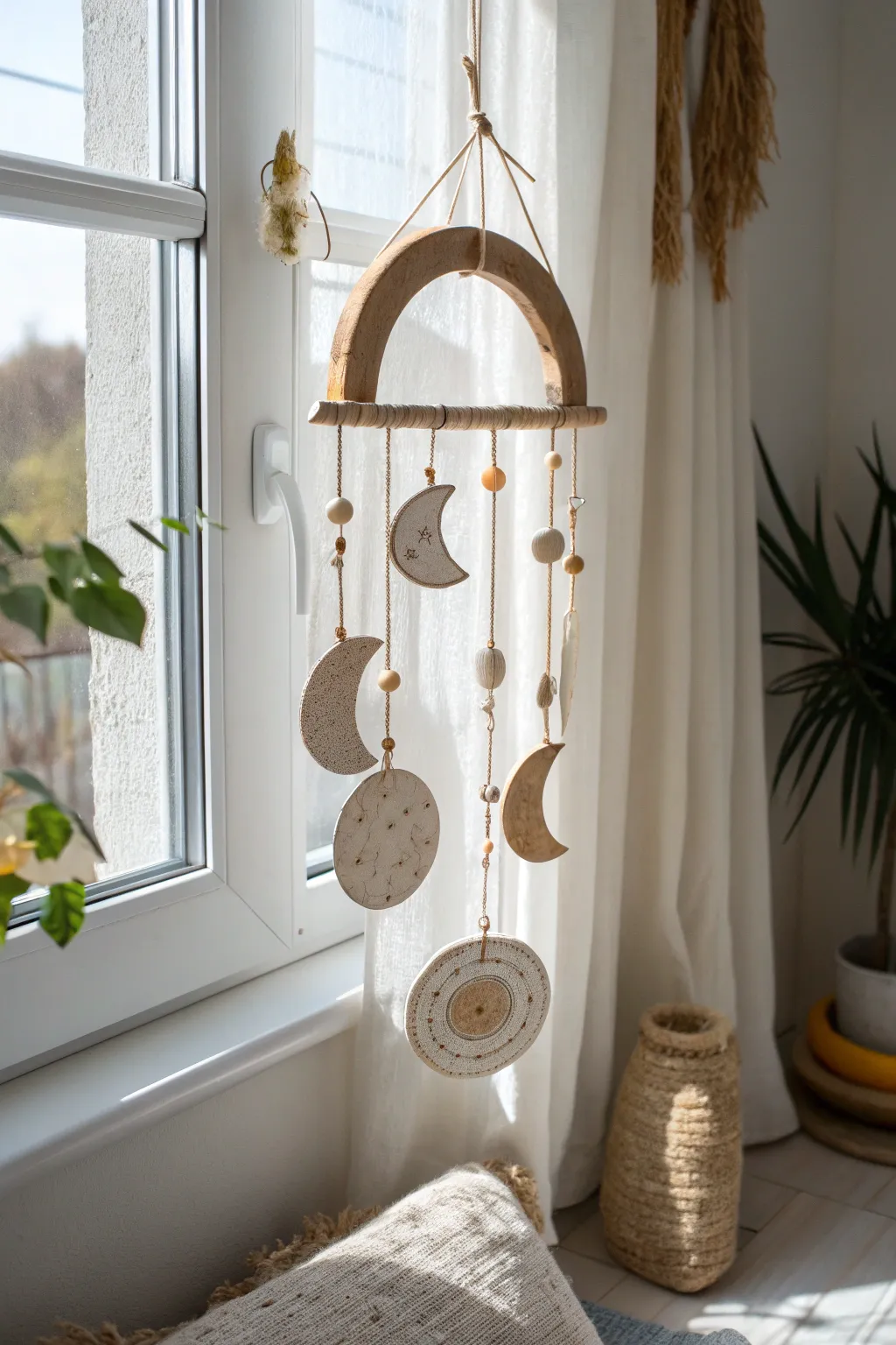 Minimal clay suncatcher mobile with translucent inserts, glowing softly in a sunny window