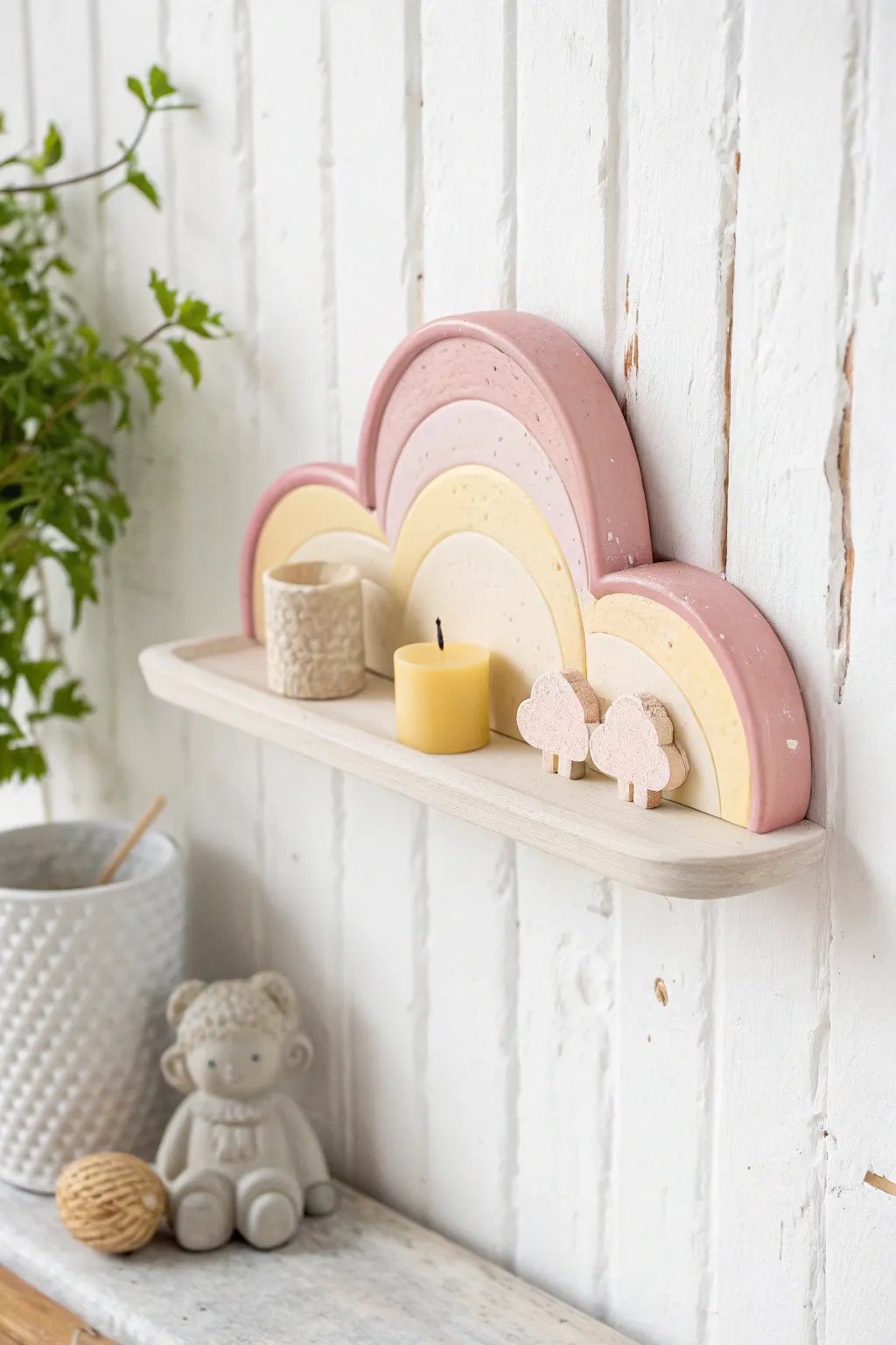 Soft pastel cloud shelf with tiny clay figurines and a mini candle for dreamy decor.
