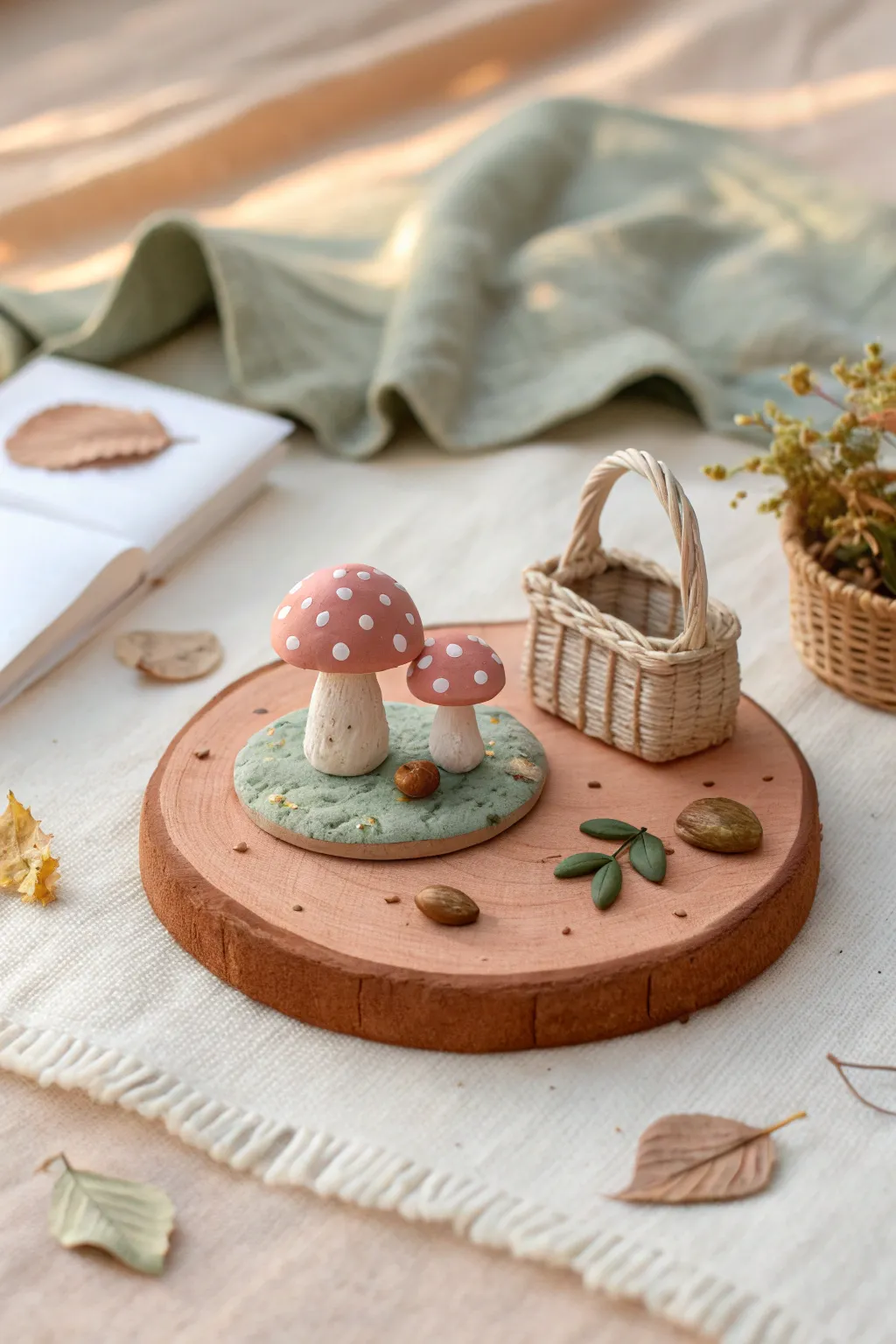 Whimsical mini clay diorama on a tiny base, minimalist picnic scene with cozy earthy tones