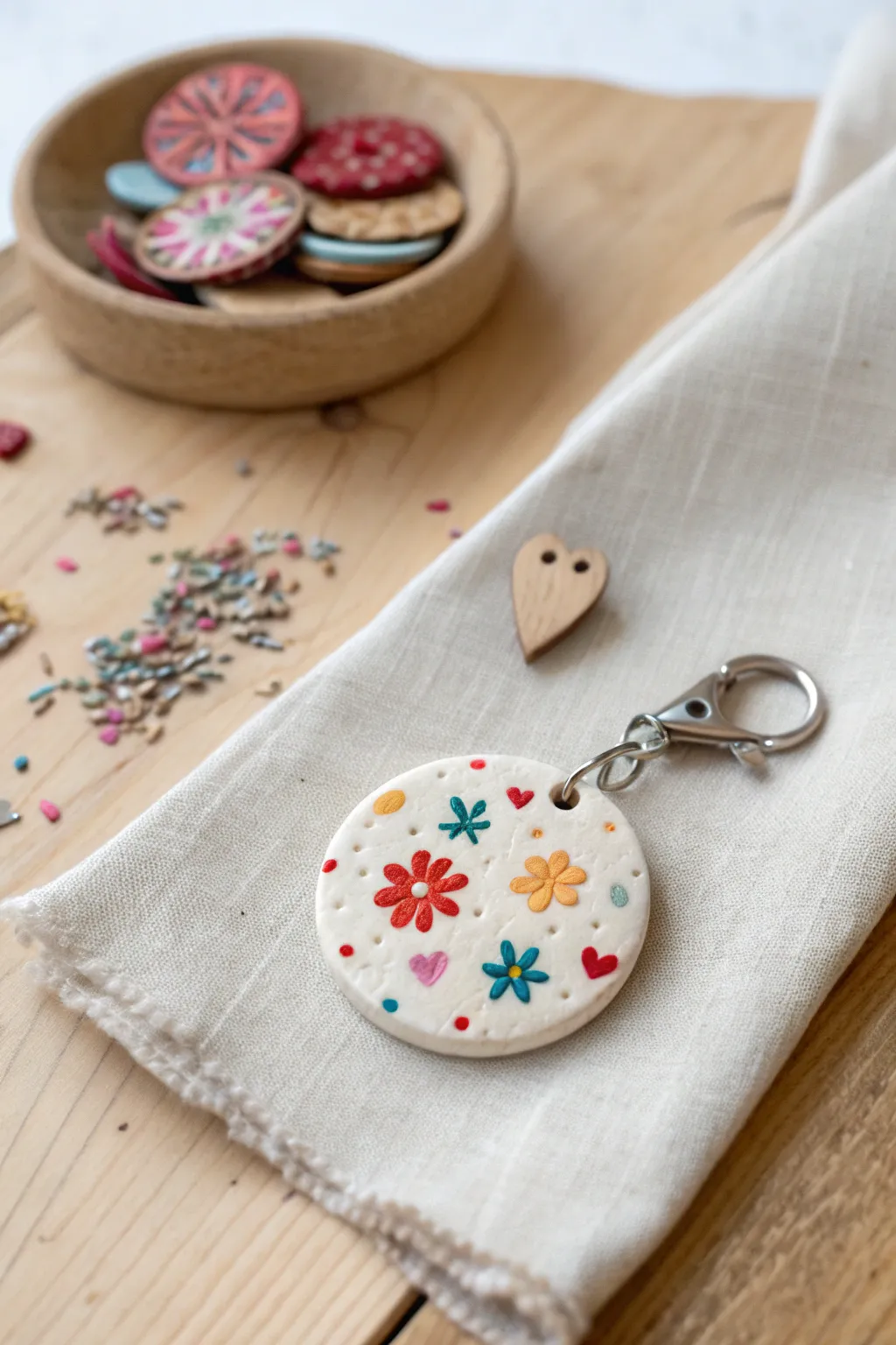 Easy millefiori-style clay slices with one finished charm, colorful confetti on neutral linen.