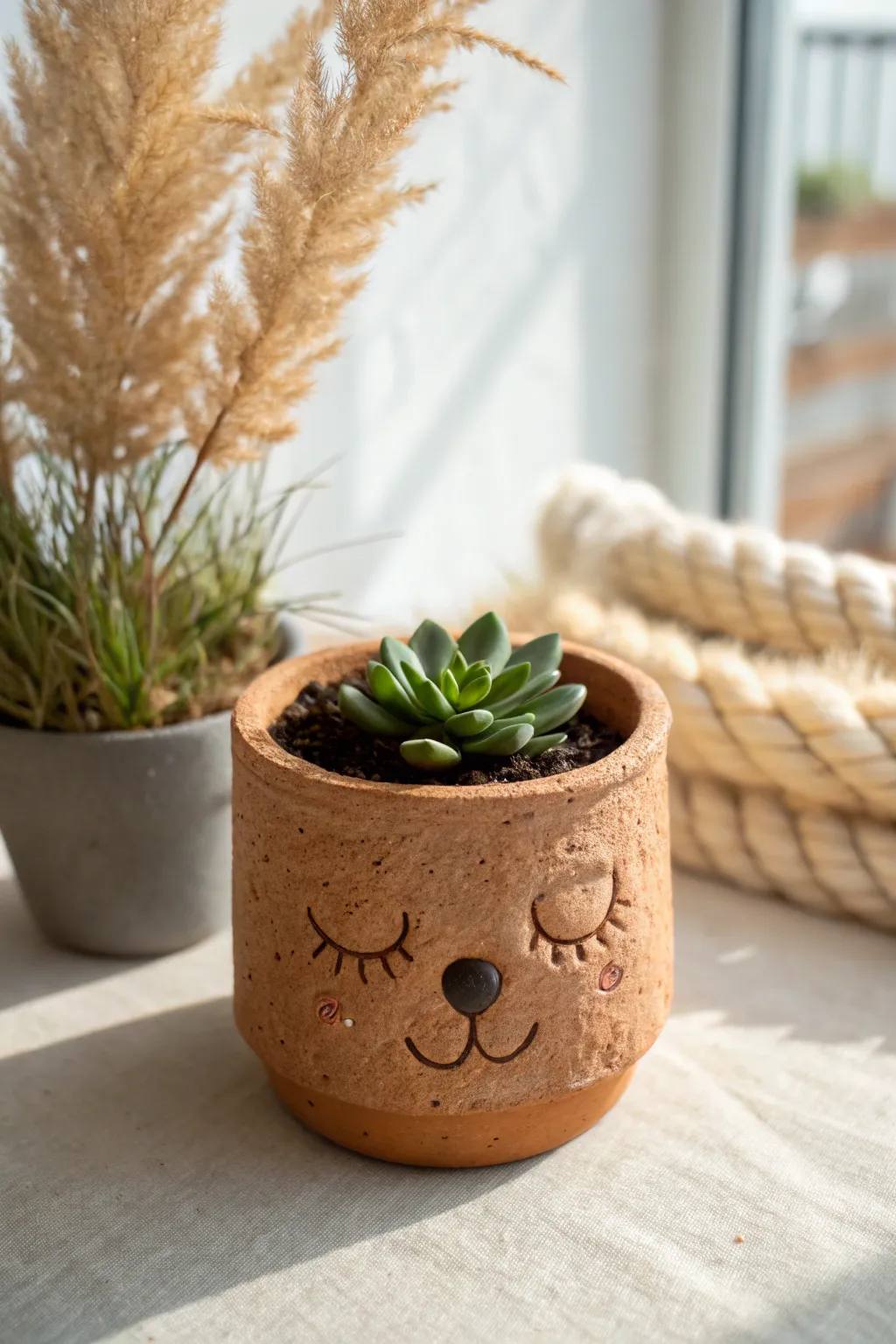 Coil-built animal face planter with a tiny succulent, perfect for cozy minimalist pottery crafts.