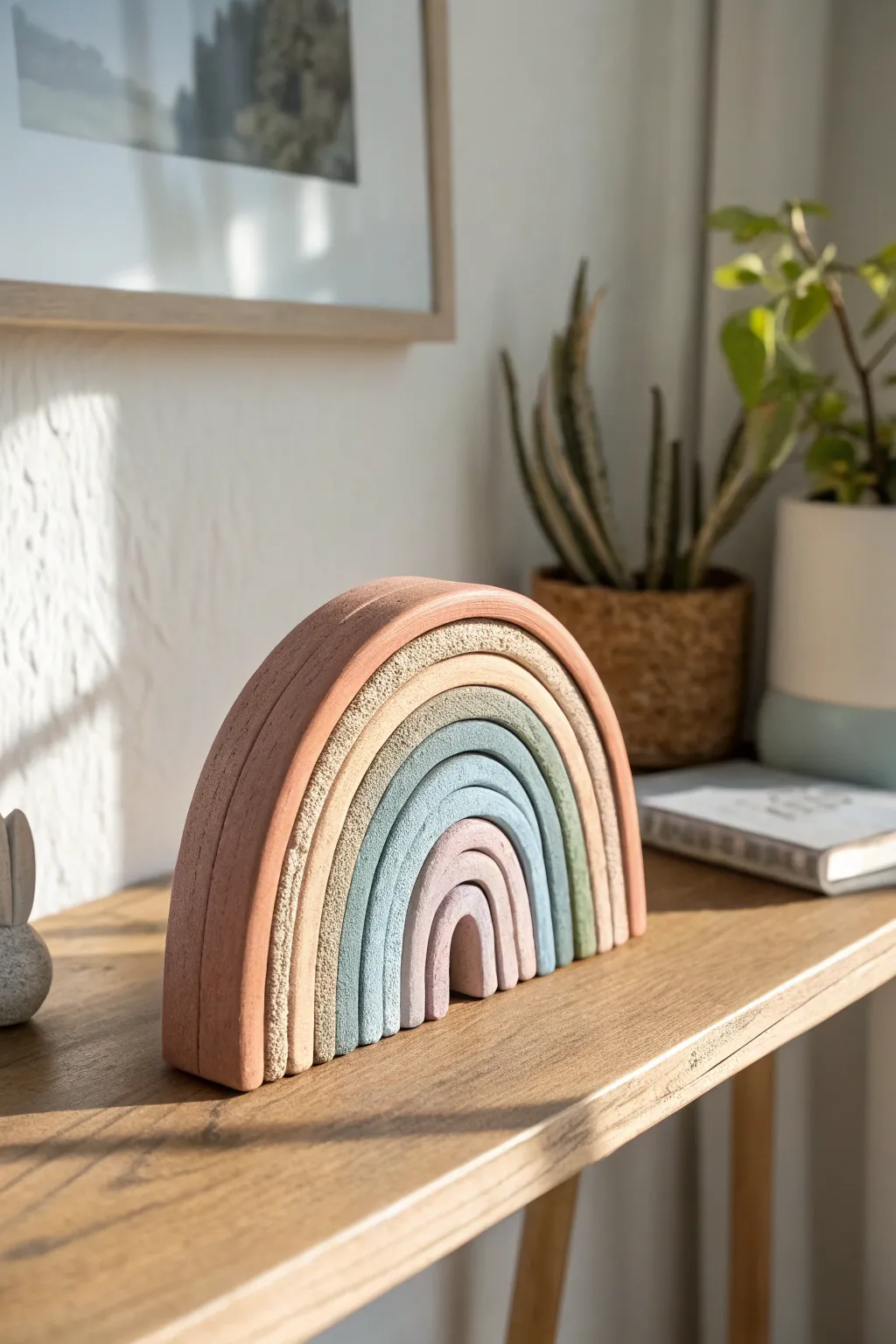 Woven-texture rainbow arch sculpture in soft clay tones for a modern minimalist boho shelf moment.
