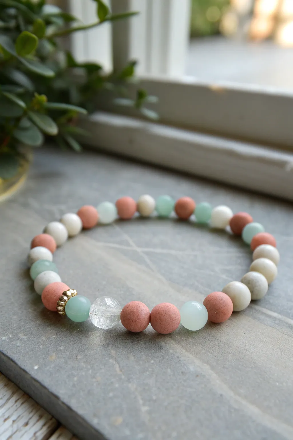 Gemstone-inspired clay bead bracelet in rose, milky white, soft green, and clear accents.