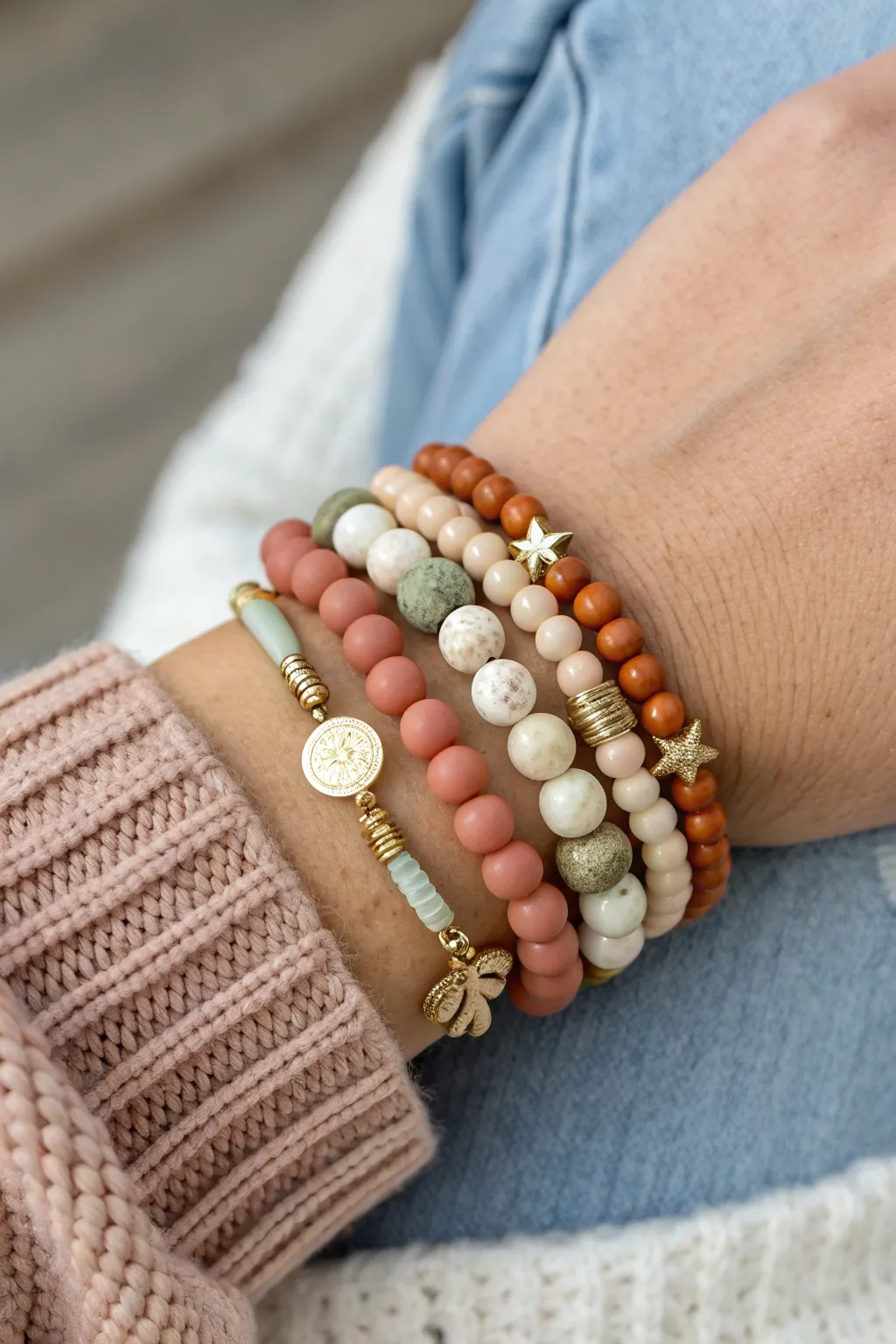 Mix and match clay bead bracelets in a soft earthy palette for an effortlessly cohesive stack.