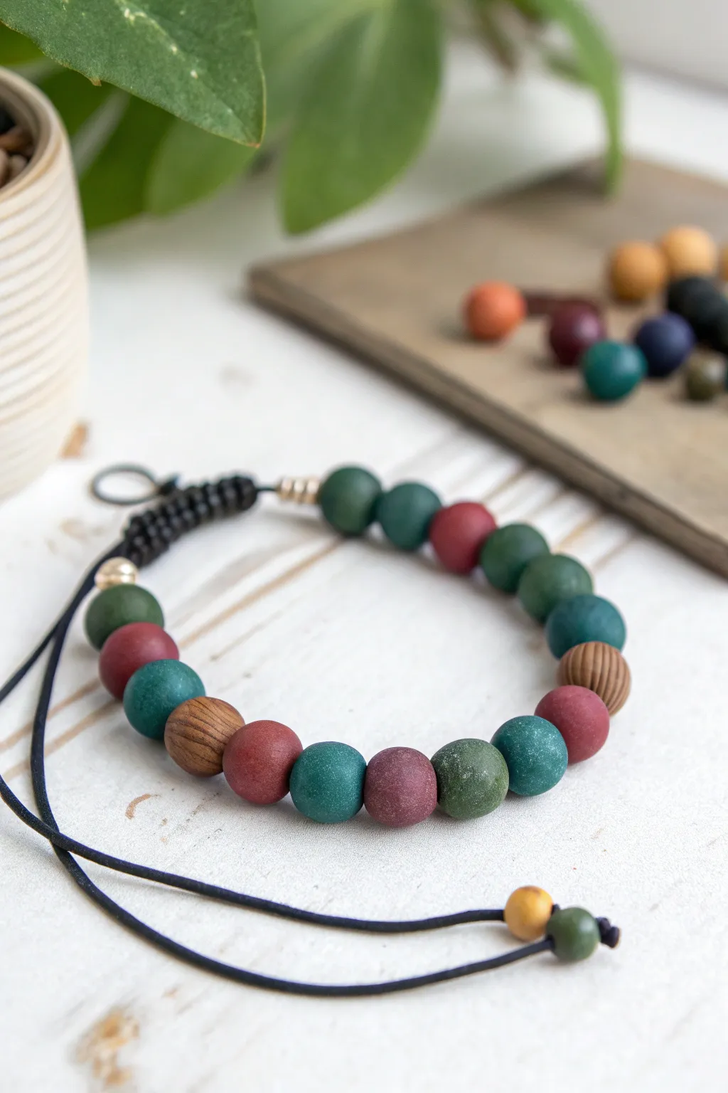 Jewel tones with earthy pops, zero white beads, styled with a sleek black accent band.