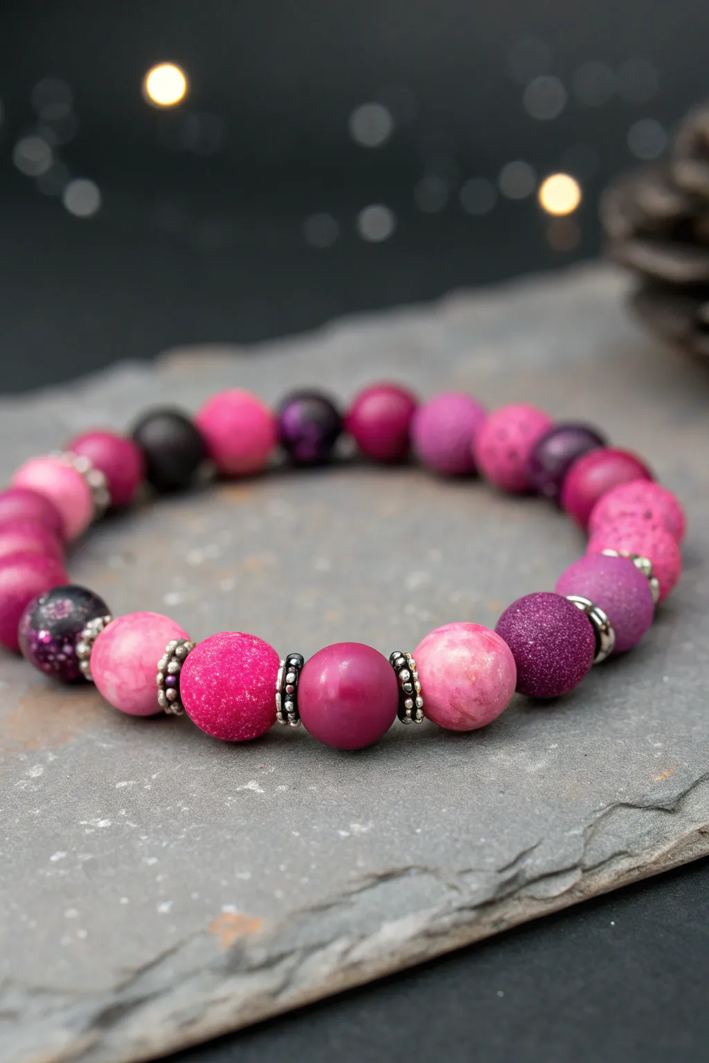 Pink galaxy clay bead bracelet with plum-black accents and a hint of metallic sparkle