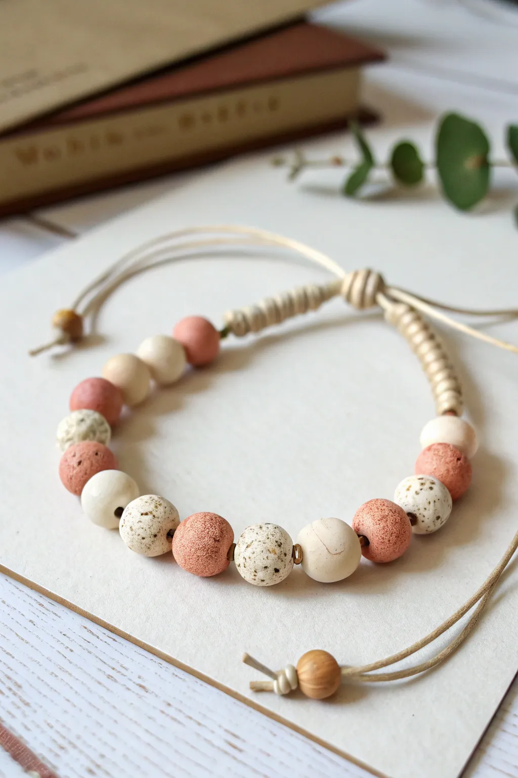 Minimal clay bead bracelet with a neat sliding knot closure, perfect one size gift idea.