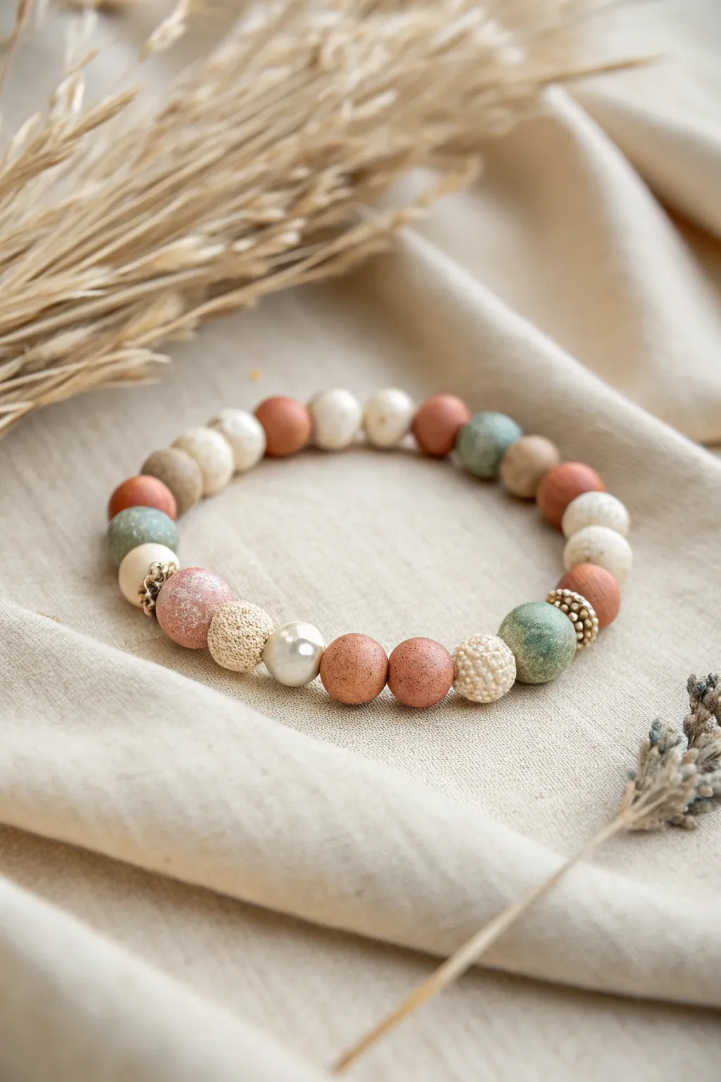 Off-center pearl cluster meets clay color pops for a modern, effortless asymmetrical bracelet