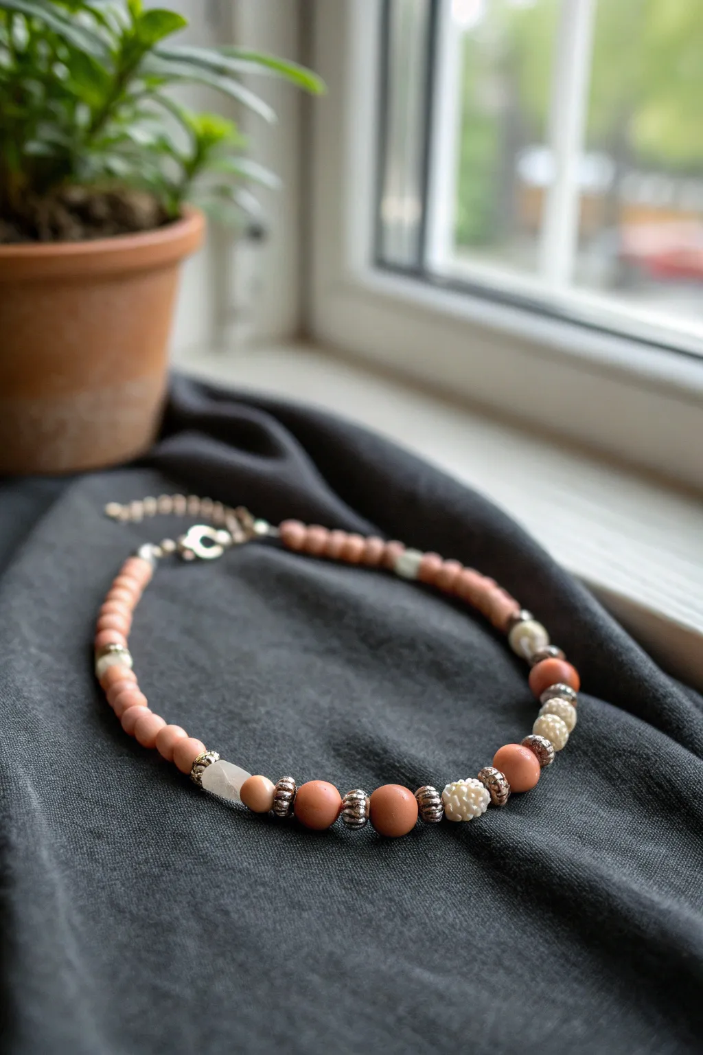Minimal clay bead bracelet with dot spacer beads and dash clusters, moody contrast.