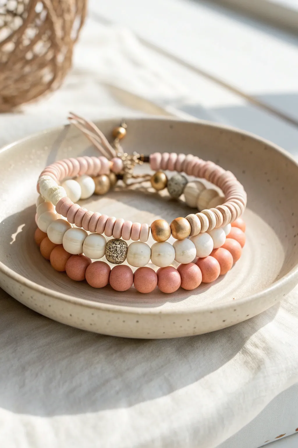 Mixed-texture clay bead stack with knot spacers for an easy, modern boho bracelet look