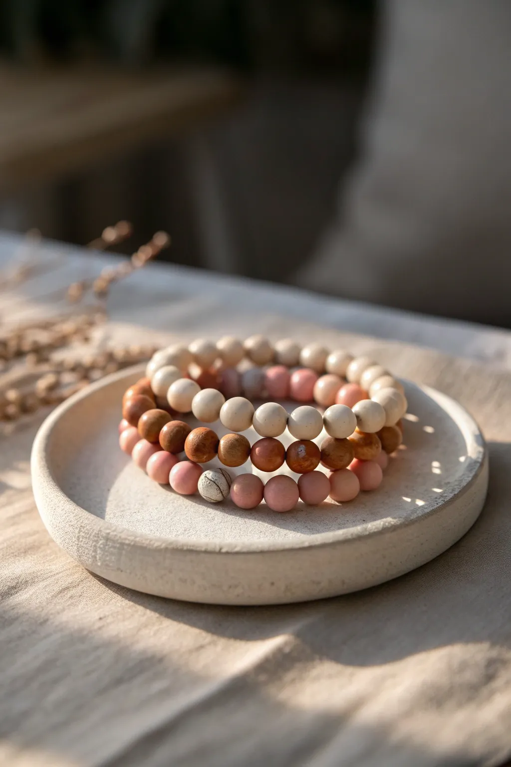 Glow-in-the-dark clay bead bracelet set with soft neutrals and a cute nighttime glow