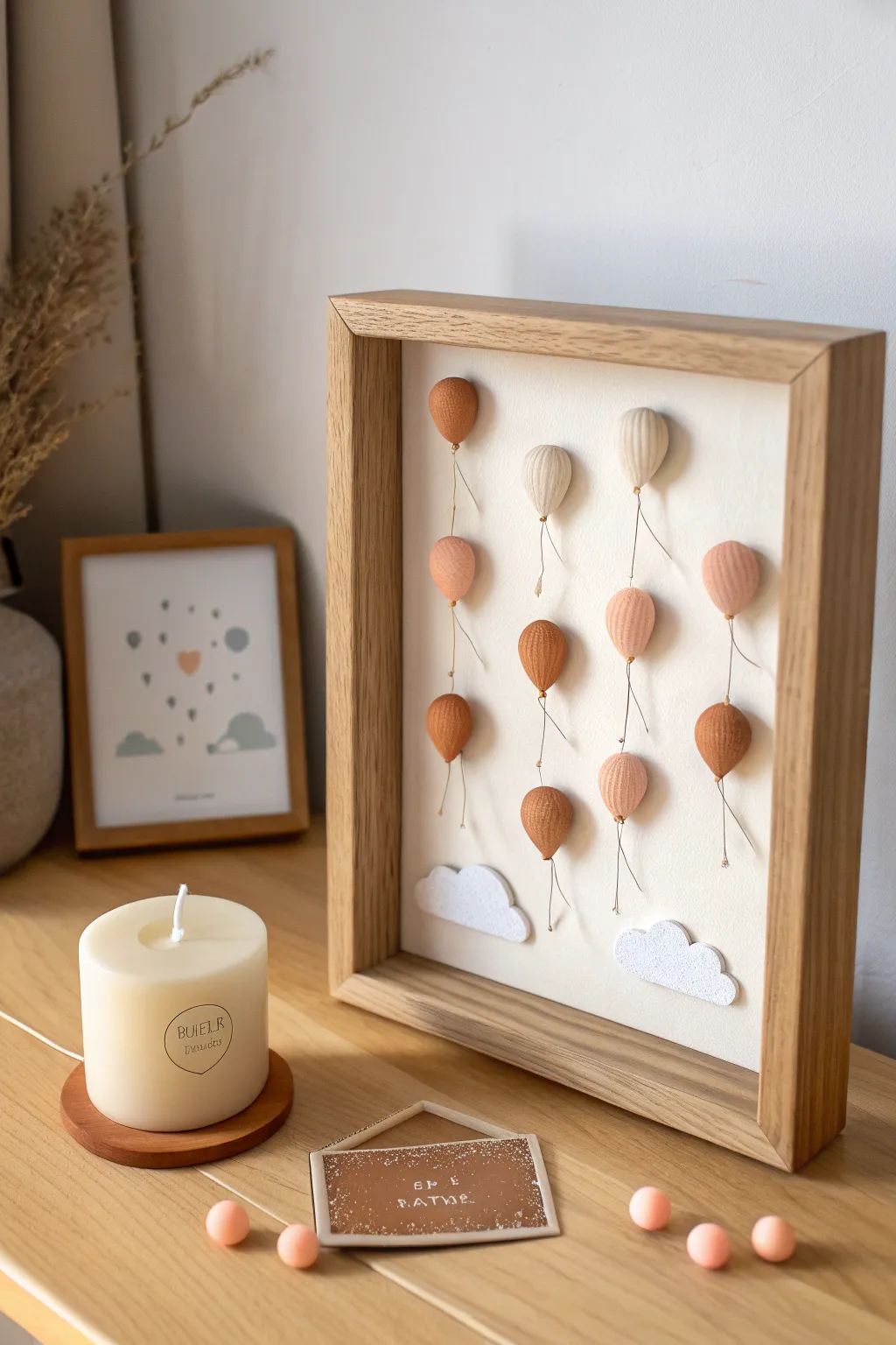 Handmade clay balloon shadow box decor, a minimalist boho birthday gift that feels personal and timeless.