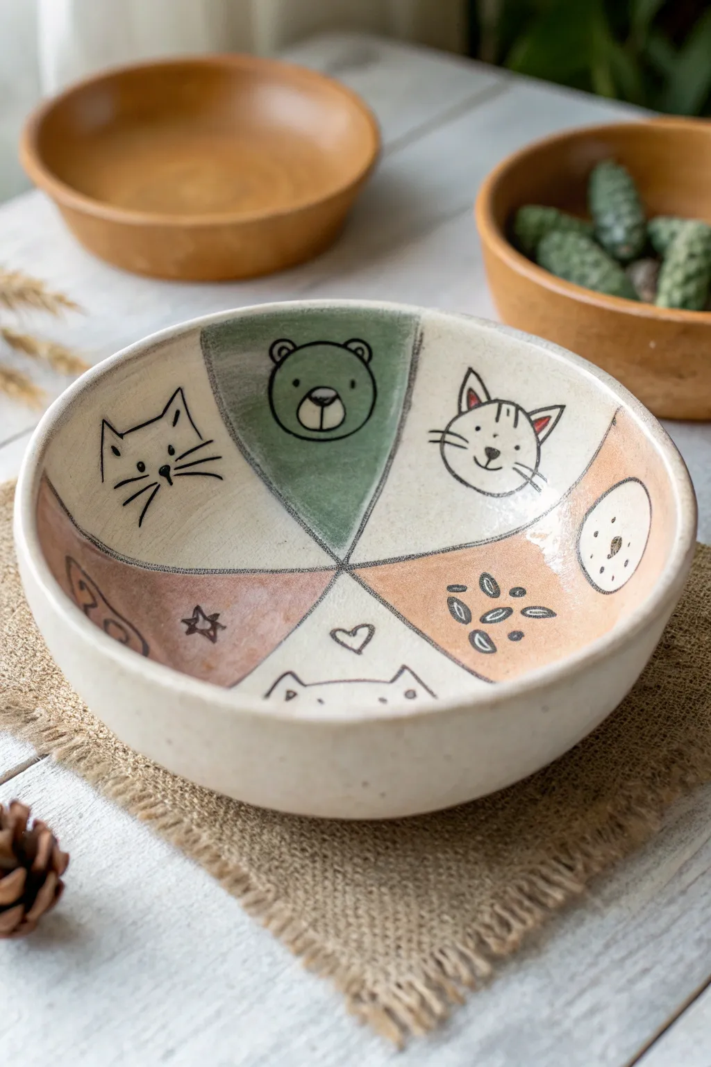Patchwork animal snack bowl in earthy tones, minimal Scandinavian style with a boho touch.
