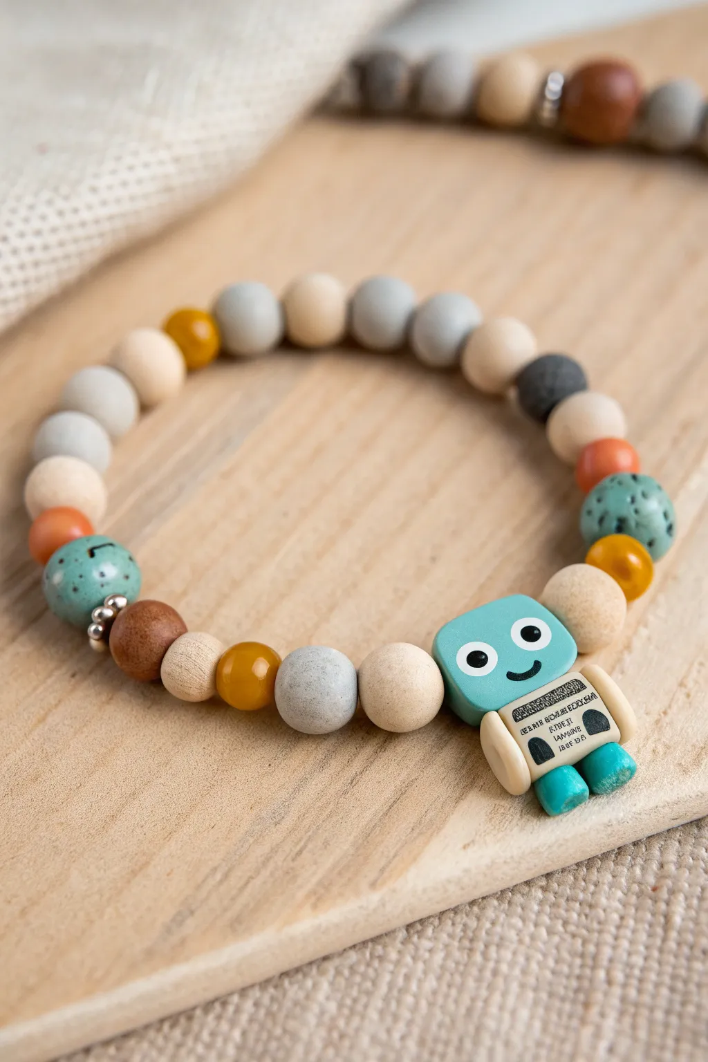Minimal clay bracelet with a cute robot bead feature, simple discs in earthy Scandinavian tones.