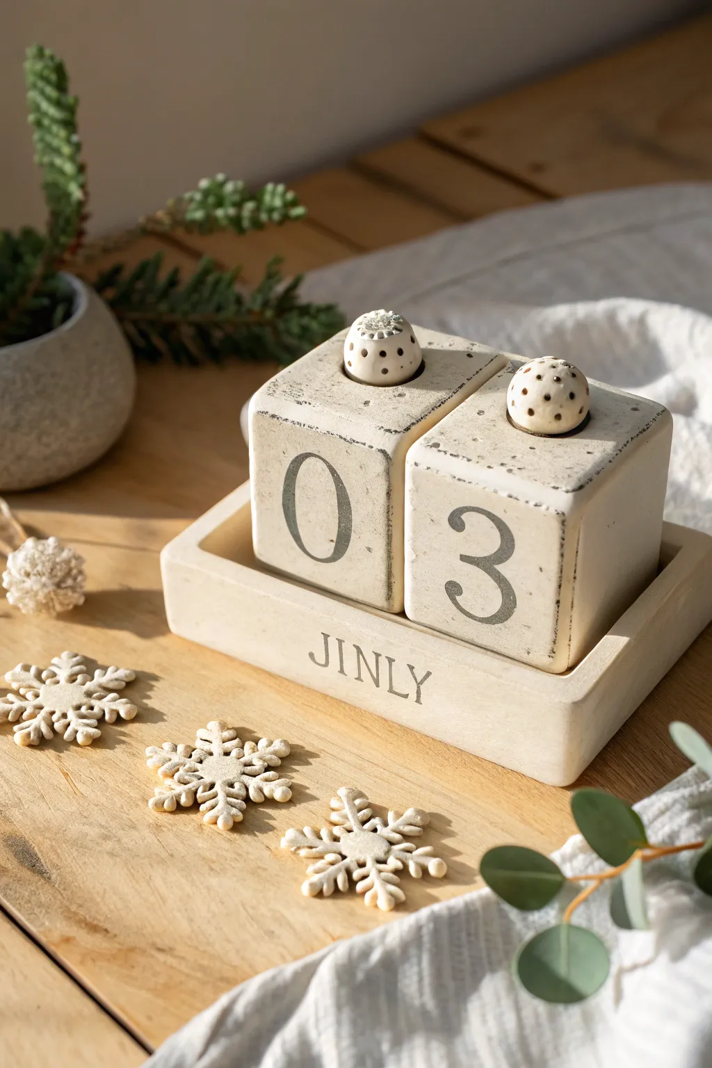 Seasonal swap toppers make this clay date block calendar feel fresh all year, effortlessly.