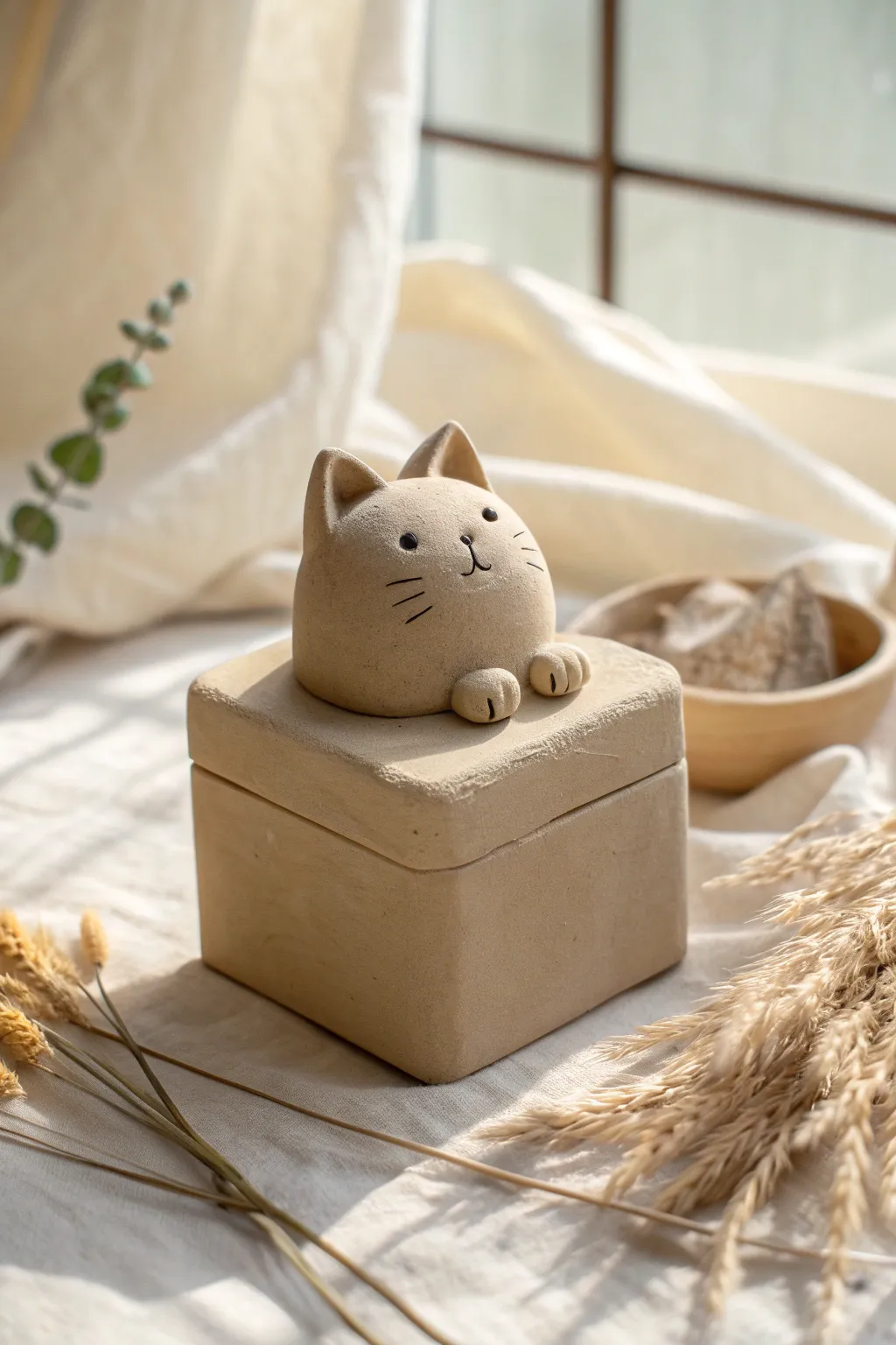 Cozy clay cat peeking from a tiny box diorama, warm neutrals, minimalist handmade charm.