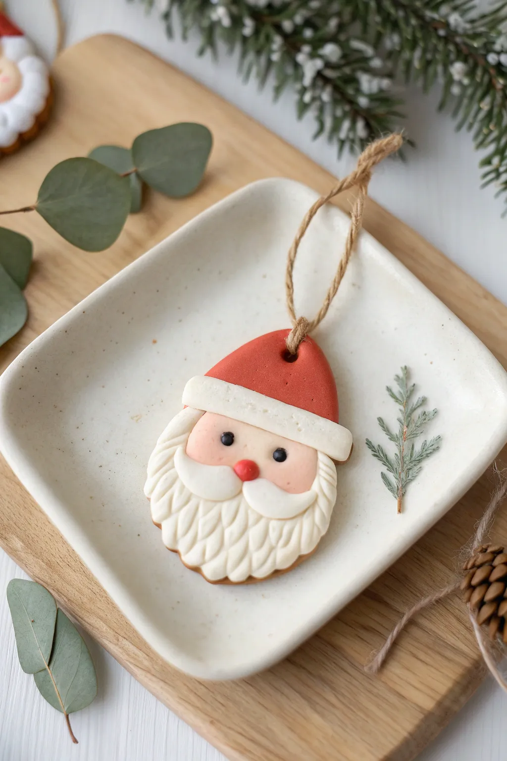 Minimalist Santa face clay ornament on a white tray with greenery, cozy Scandinavian boho.