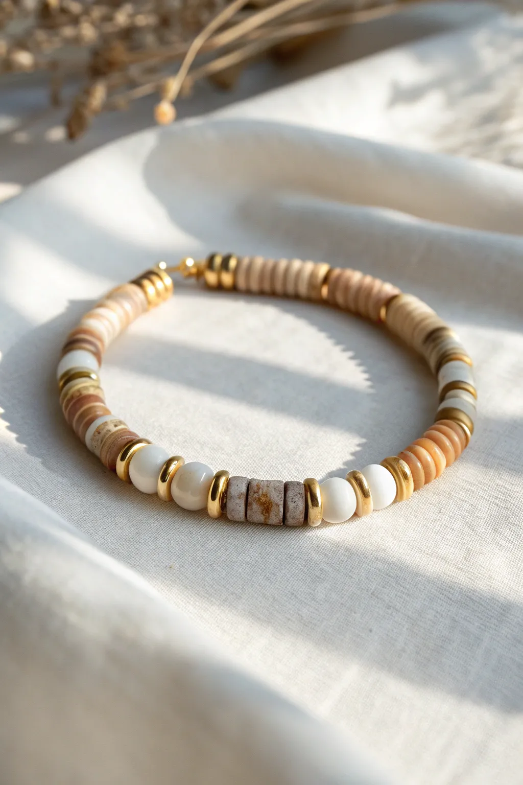 Neutral marble swirl heishi bracelet with simple gold spacers for an easy, modern boho look