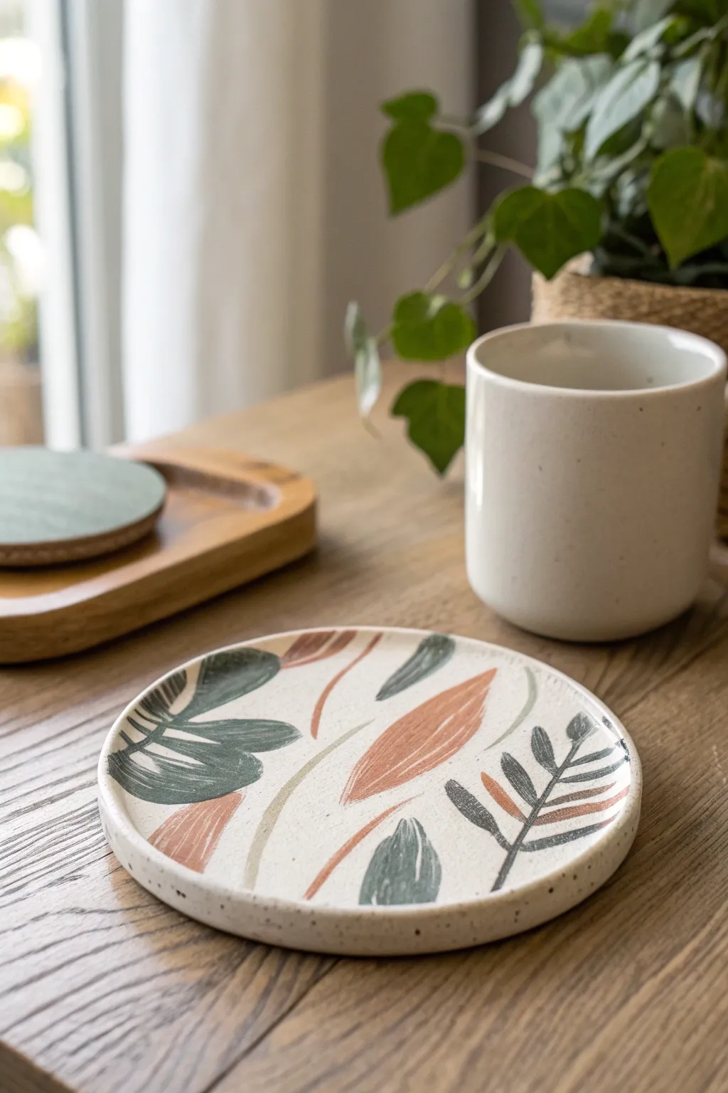 Hand-painted abstract brushstroke clay coaster in neutral tones for a calm Scandinavian boho table.