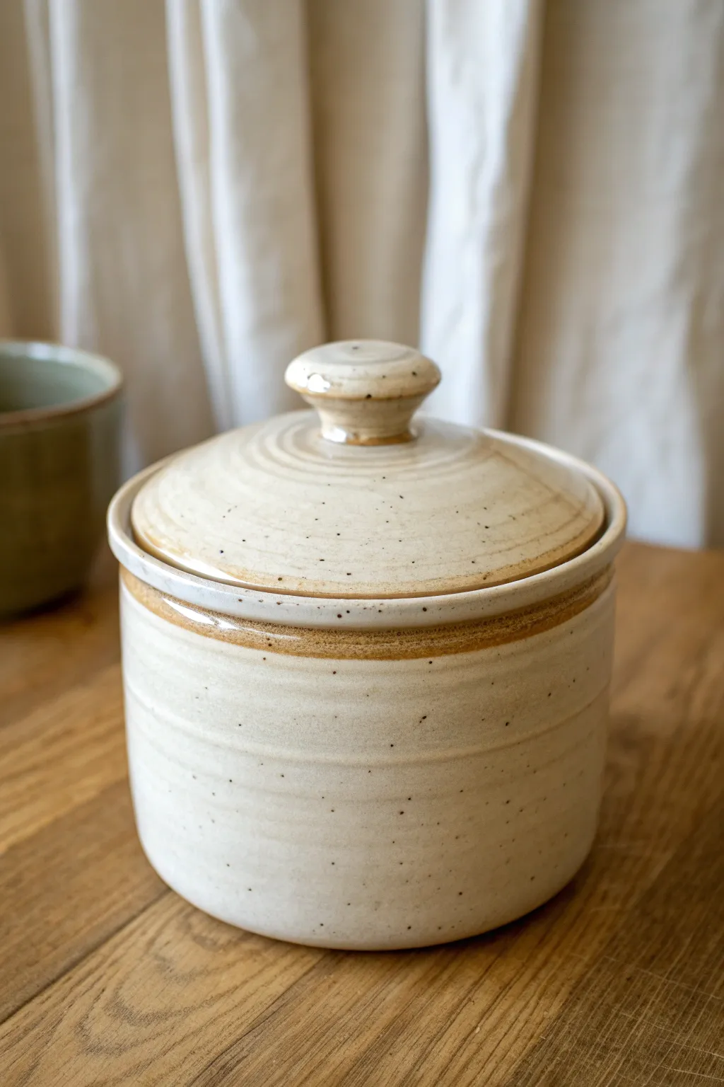 Fully glazed lidded jar, lid slightly open to show a clean underside and flawless rim finish.
