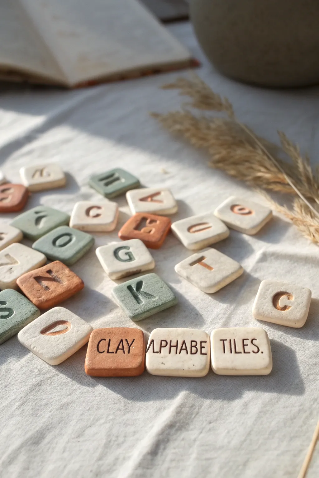 Chunky clay alphabet tiles in soft boho tones, perfect for kids story games and playful learning.